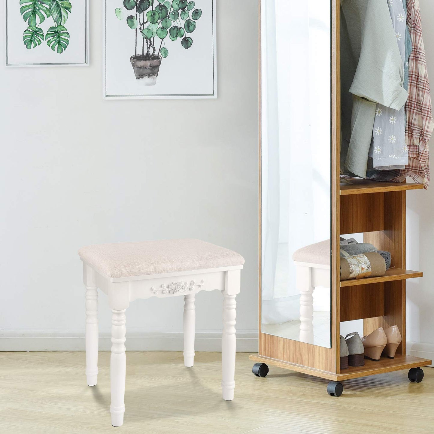 URFORESTIC Oak Wood Vanity Stool, Modern Makeup Dressing Stool with Concave Seat Surface,Capacity 300lb, Easy Assembly (White)