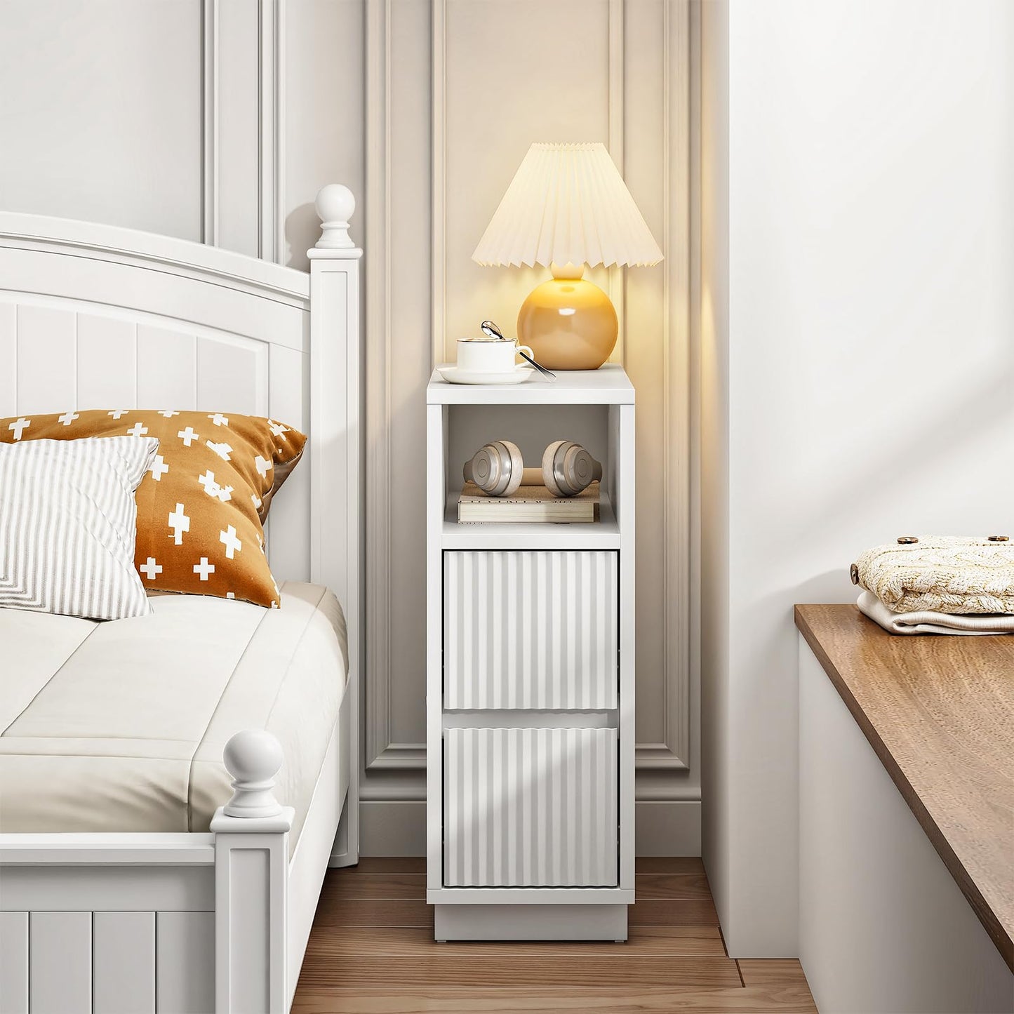 CHOEZON 8.7" Narrow Fluted Nightstand, Small Bedside Table with Drawers, Skinny Side Table, Modern Nightstand with 1 Semi-Open Shelf, Floating End Table, for Living Room, Bedroom, White MBZ12WB