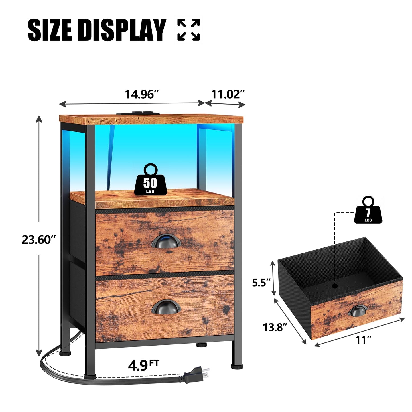 Furologee Nightstands Set of 2 Charging Station, End Tables with LED Lights, Nightstands with 2 Fabric Drawers and Shelves, Bedside Tables for Living Room/Bedroom,Rustic Brown