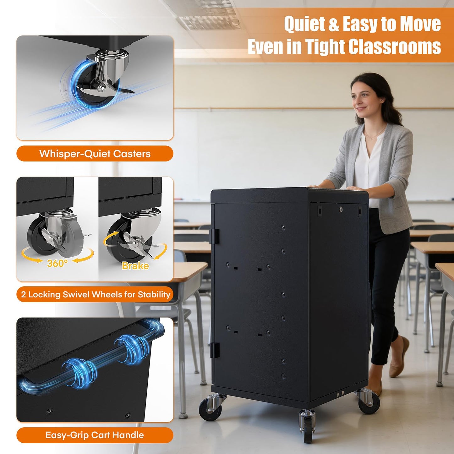 Metateel 30 Device Charging Cart for Chromebooks, iPads & Laptops Up to 14" - Lockable Charging Station with Cable Management, 30-Outlet Power Strip, Circuit Breaker & Casters for Classrooms