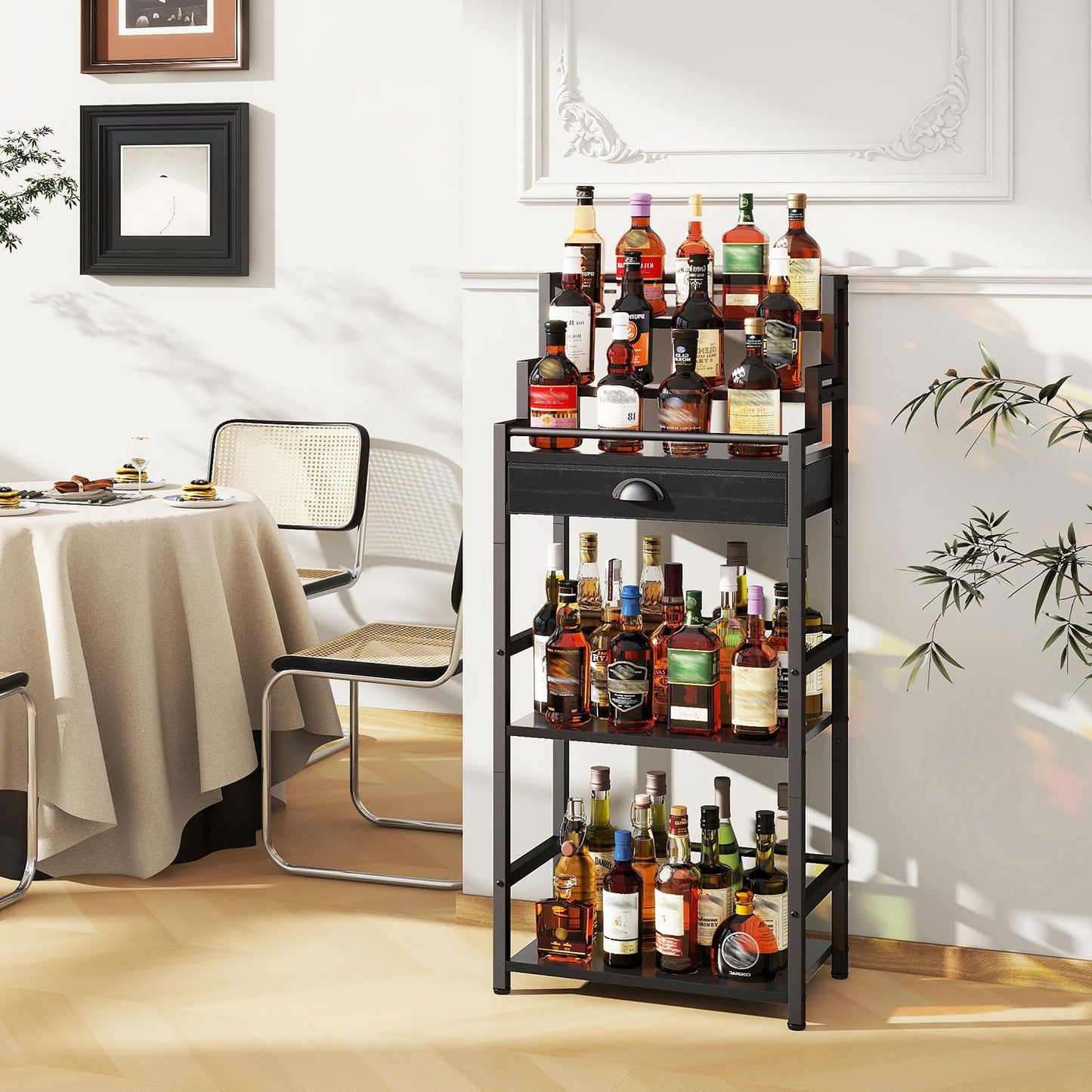 IBUYKE Stepped Wine Rack Freestanding Floor,Bar Cabinet with Drawer and Display Shelf for Whiskey,Corner Liquor Bottle Display Cabinet for Home,Living Room,Dining,Black UTMJ915B