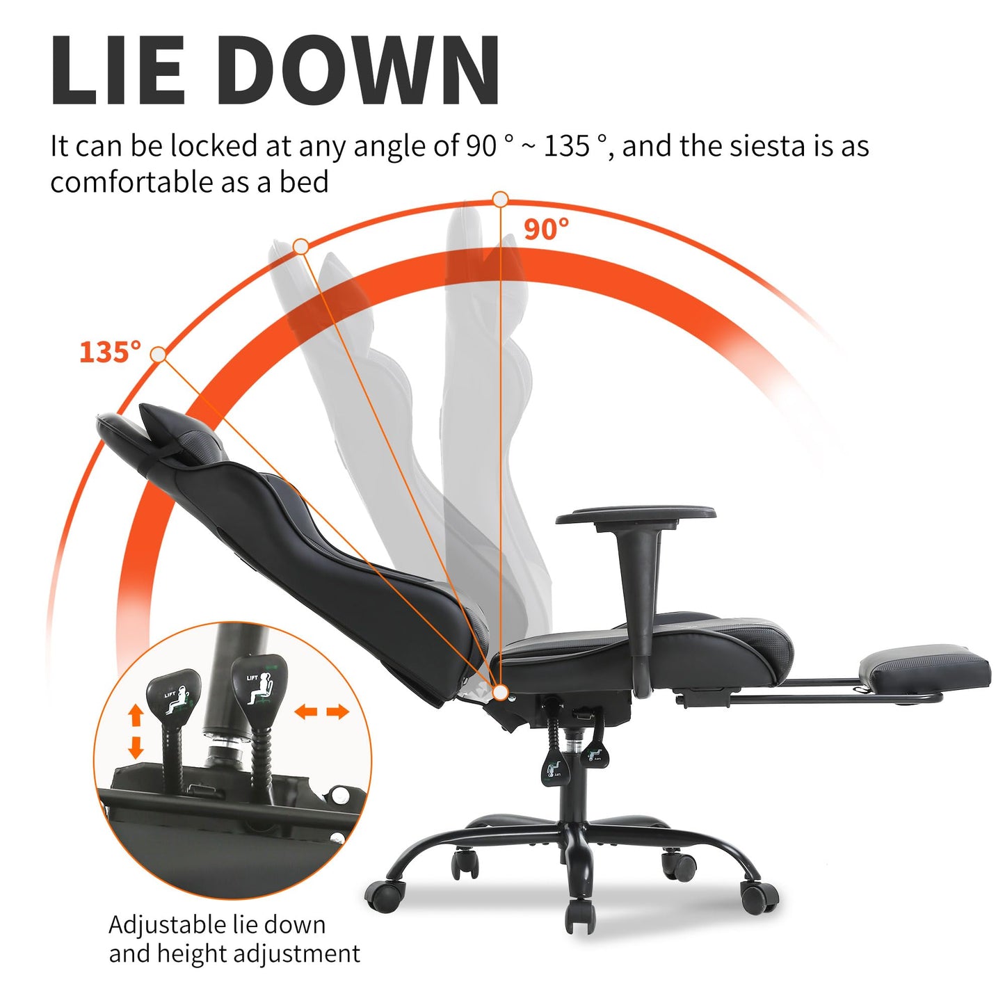 BestOffice | Ergonomic Gaming Chair | Black | Reclining Computer Chair with Lumbar Support, Headrest Pillow, Adjustable Footrests | 360 Swivel with Heavy Duty Wheels | for Home & Office