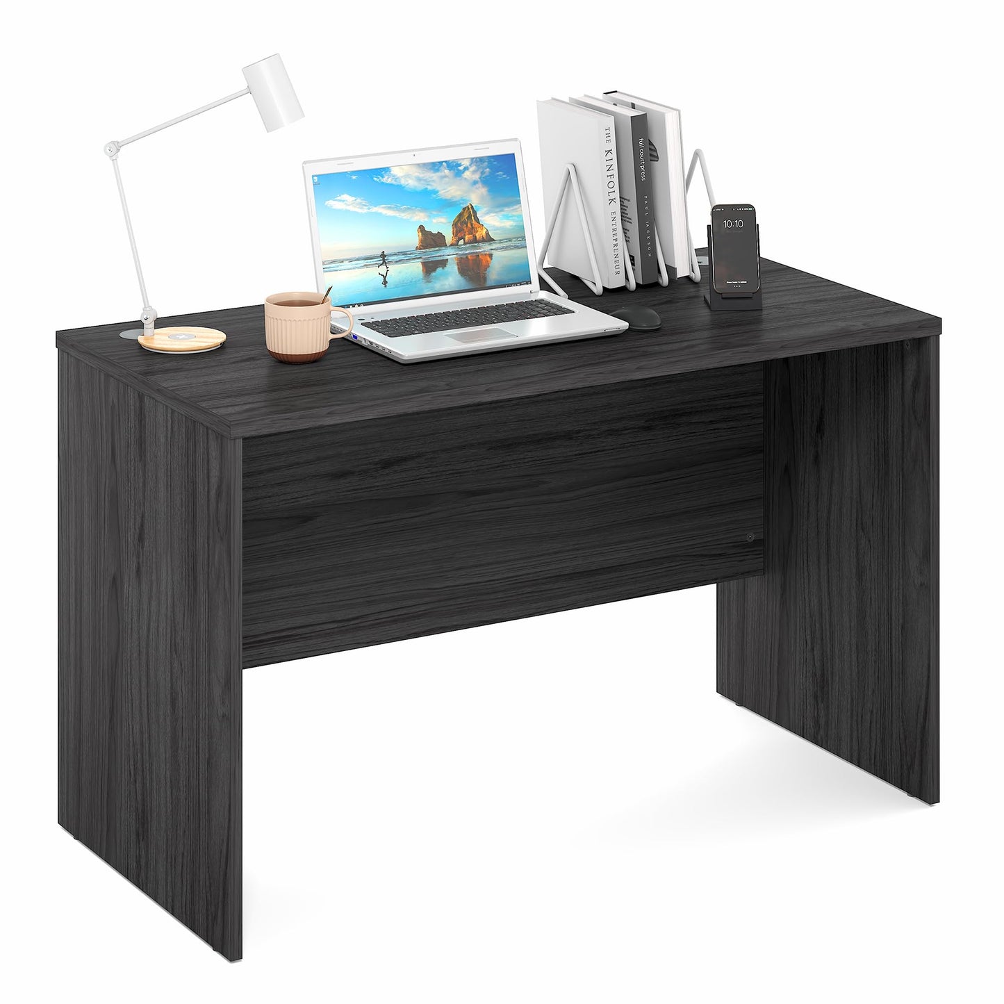 Furinno Roger Computer Desk, 47 Inch Rectangular Executive Desk with Modesty Panel, Home Office Desk with Thick Tabletop, Desk Cord Grommet, Scratchproof, for Home Study, Office, Coastal Grey