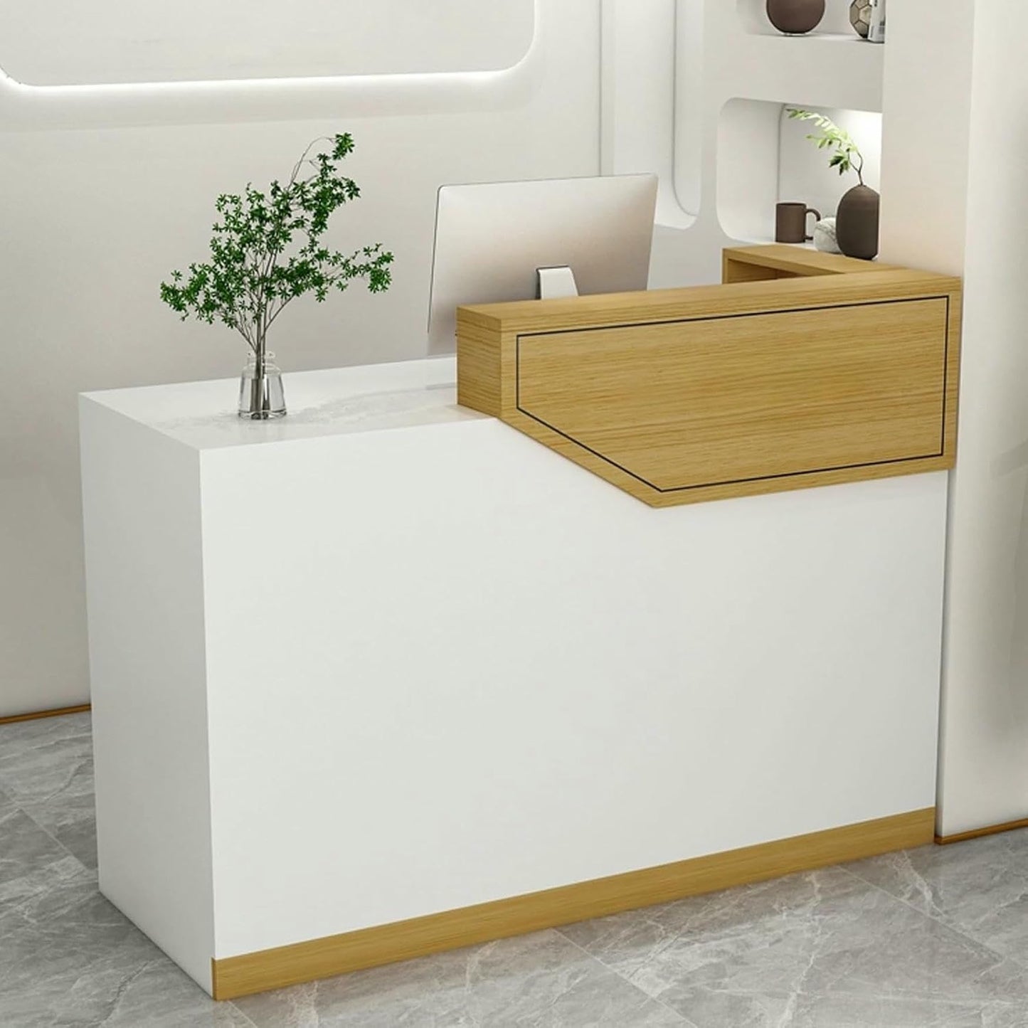 WRTYHGVGT Reception Desk, Front Counter, Reception Counter Desk, L Shaped Retail Checkout Counter with Lockable Drawers, for Lobby Hotel Beauty Salon(Natural,100cm/39.3in)