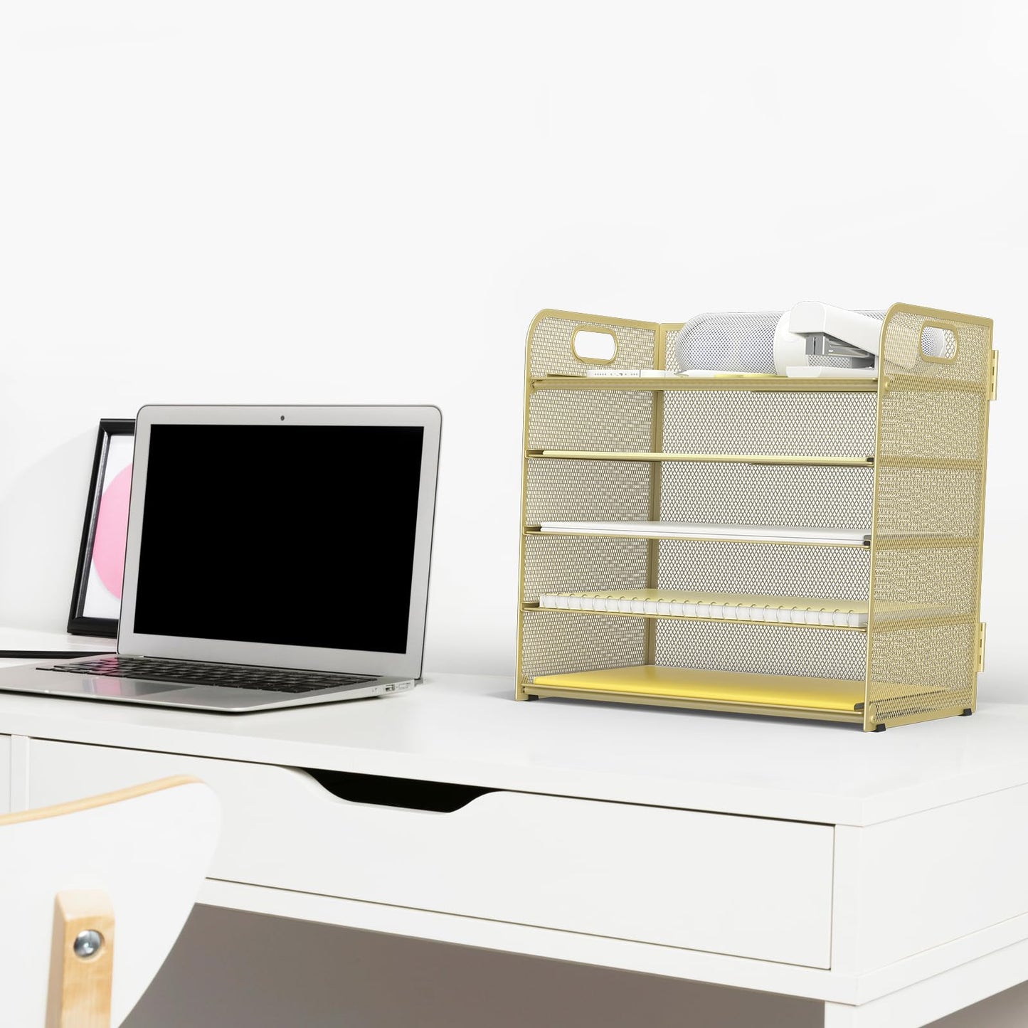 Sinboun Letter Tray Paper Organizer 5-Tier Desk Organizer File Organizer Paper Holder with Handle, Metal Desktop Document Shelf Tray Office Classroom Organization - Gold