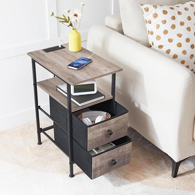 HOOBRO End Table with Charging Station, Narrow Side Table, Nightstand with 2