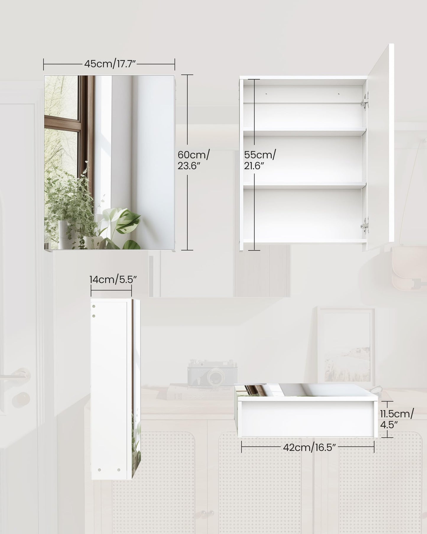 CHOEZON Bathroom Medicine Mirror Cabinet, 17.7'' x 23.6'', Wall-Mounted Bathroom Vanity with Mirror, Bathroom Medicine Cabinet with Storage Function, Hanging Storage Cabinet, Adjustable Shelves, White