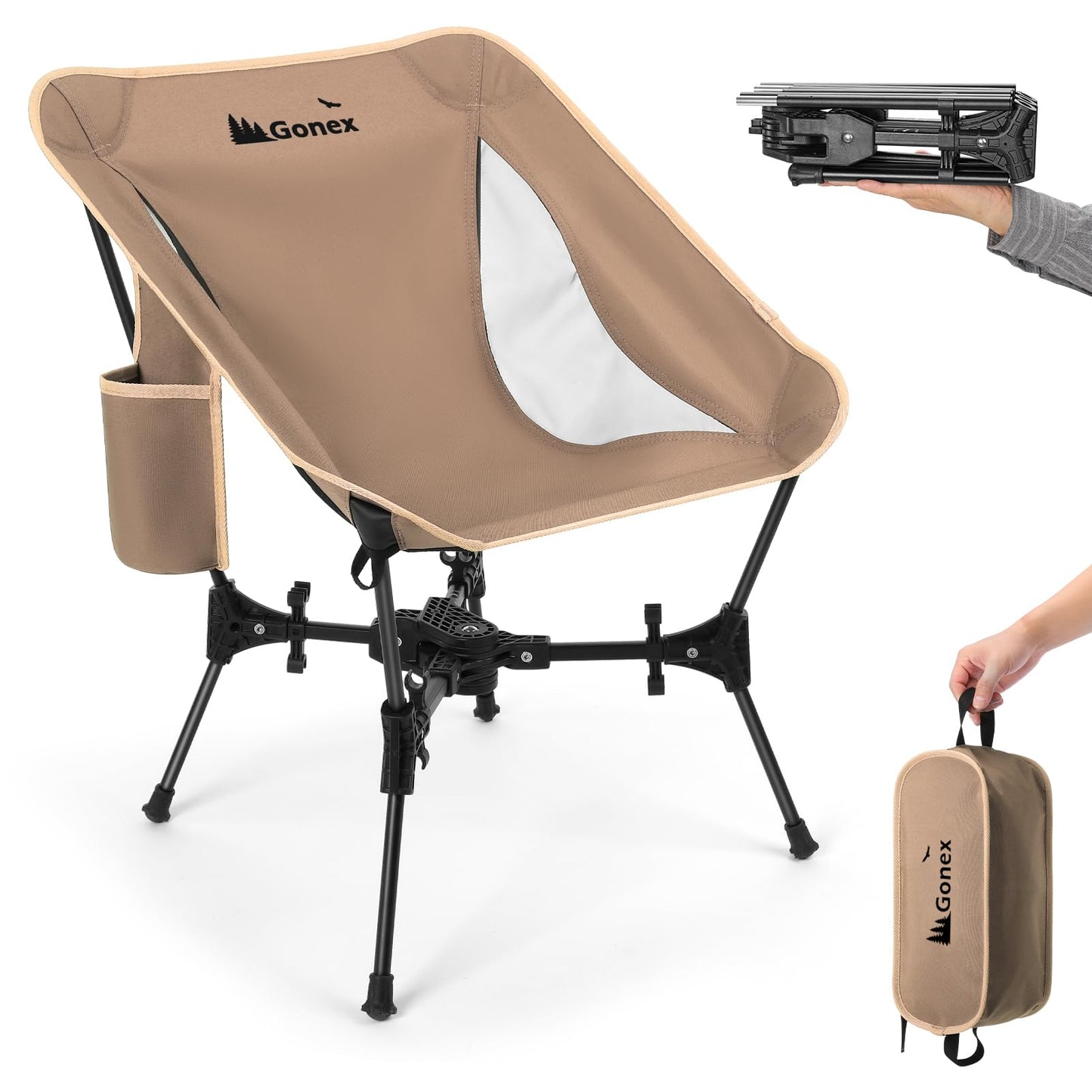 Gonex Portable Camping Chair, The 5th Gen Ultralight Compact Backpacking Foldable Lightweight Folding Chair for Outdoor Camp Hiking Beach Picnic Concert, Supports 330lbs (Khaki, 1 PCS)