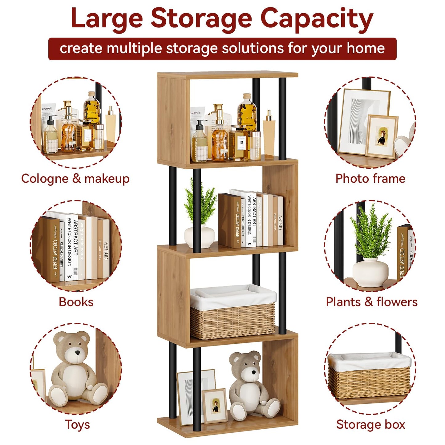 IBUYKE 5-Tier Tall Bookshelf,S-Shaped Geometric Bookcase, Wood Display Shelves with Storage,Modern Bookshelf for Living Room Bedroom, Home Office,Oak WBC015K