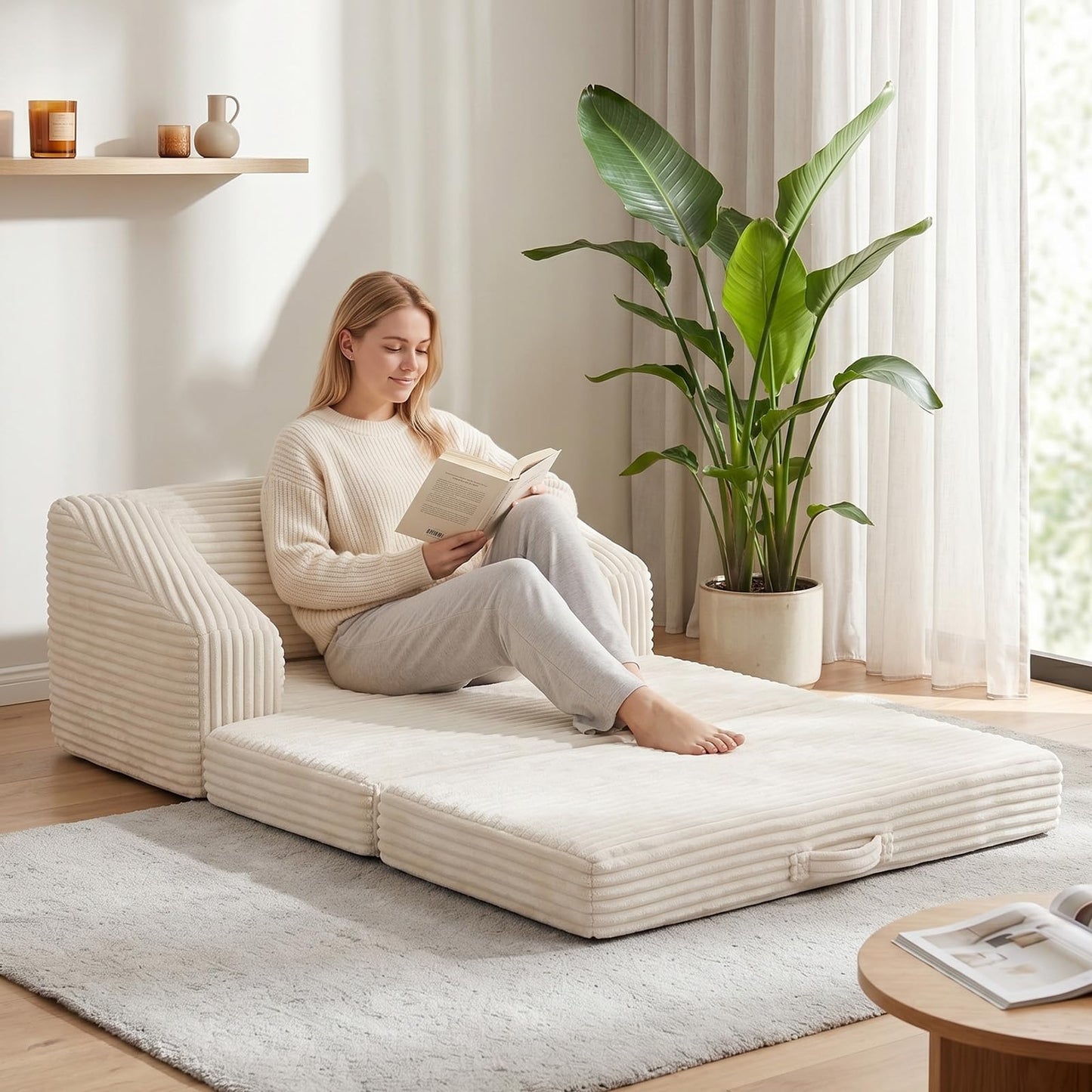 AOLVDOW Convertible Folding Sofa Bed, 2-in-1 Single Boneless Sofa with Soft Corduroy & Ultra-Thick Backrest, Foldable Boneless Chair Lounger Sleeper Sofa for Small Apartment, Living Room, Home Office