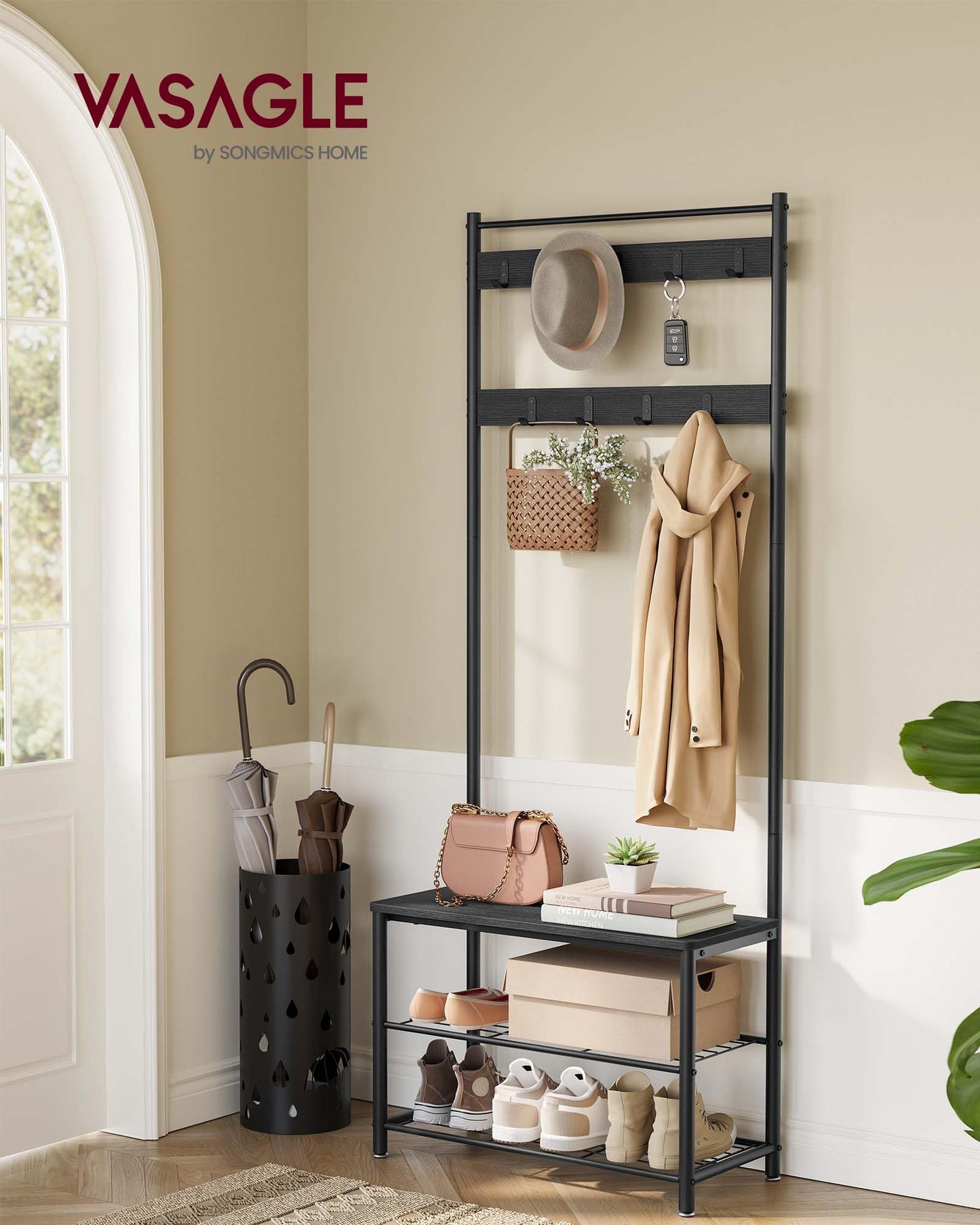 VASAGLE Coat Rack, Hall Tree with Shoe Storage Bench, Entryway Bench with Shoe Storage, 3-in-1, Steel Frame, for Entryway, 12.6 x 27.6 x 68.9 Inches, Industrial, Charcoal Gray UHSR041B01