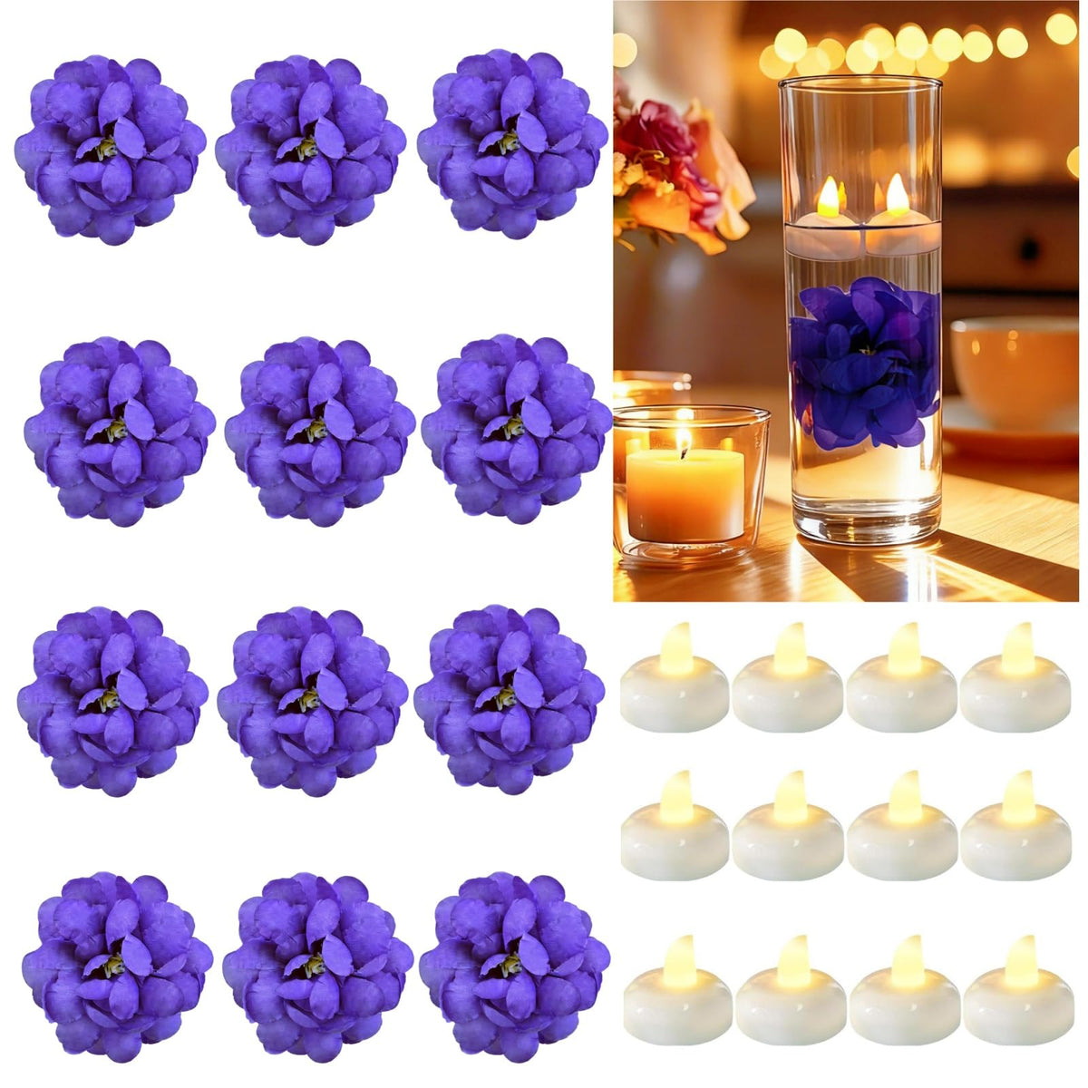 Qazcnd 24 Pack Flameless Floating Candles and Floating Artificial Flower Led Battery Operated Waterproof Floating Candles Tea Lights for Vases Centerpieces at Wedding, Party, Pool Decor Purple