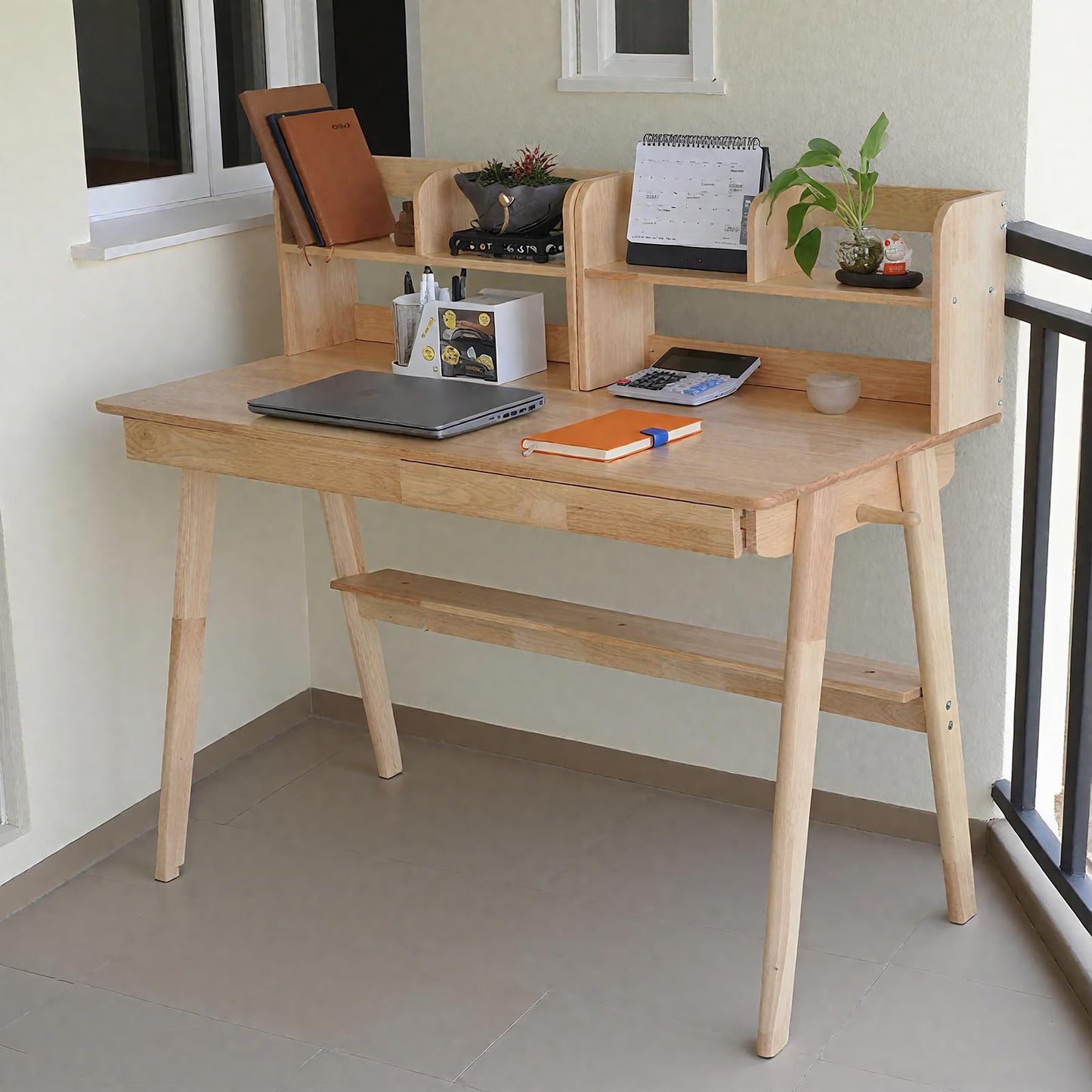 BuyUp Writing Desk Mid Century Modern and 2 Desktop Hutch for Home & Office & Dorm, Natural
