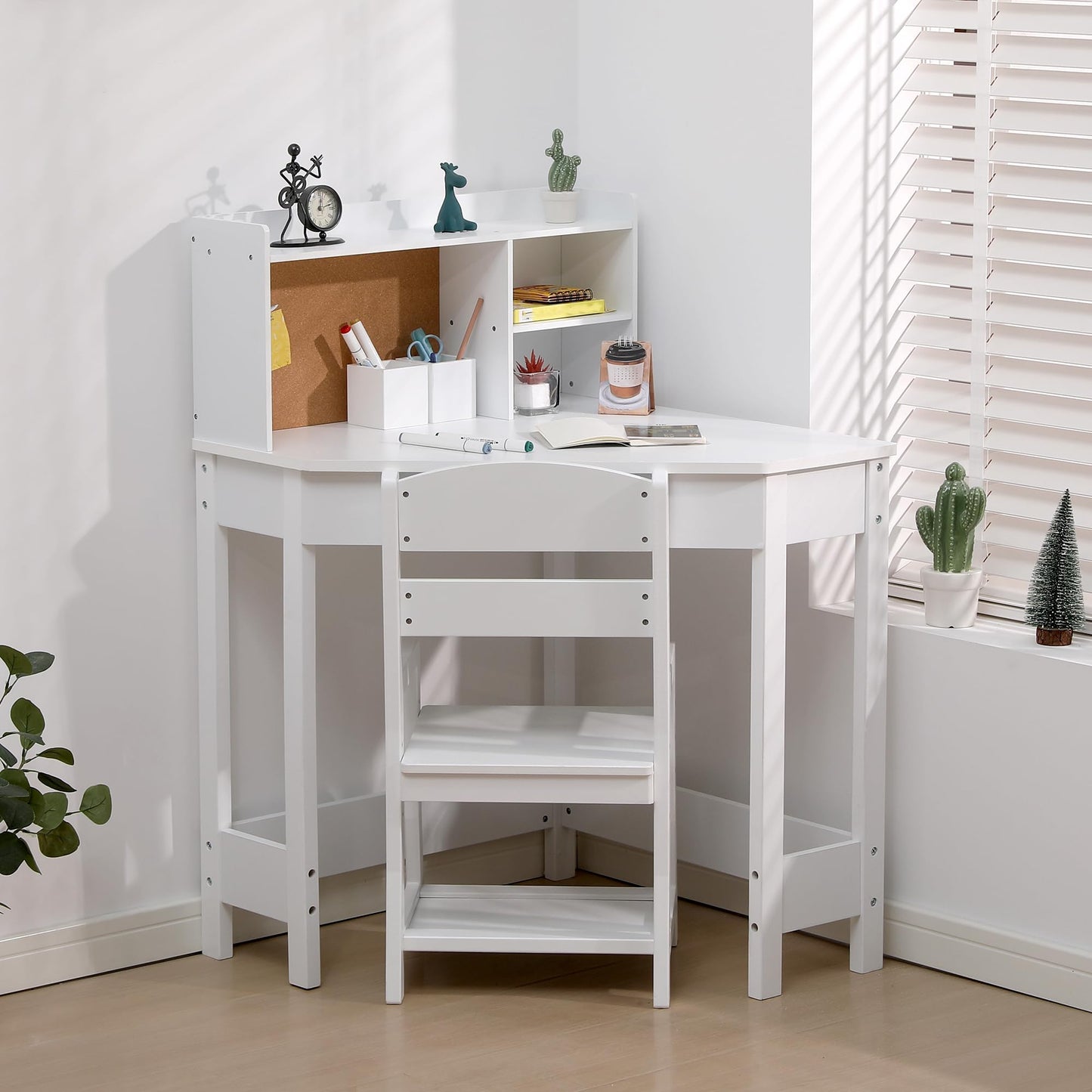 GarveeHome Kids Corner Desk and Chair Set, Children Study Table with Bookshelf, Bulletin Board, and Pen Holder, Writing Table for Boys and Girls, White