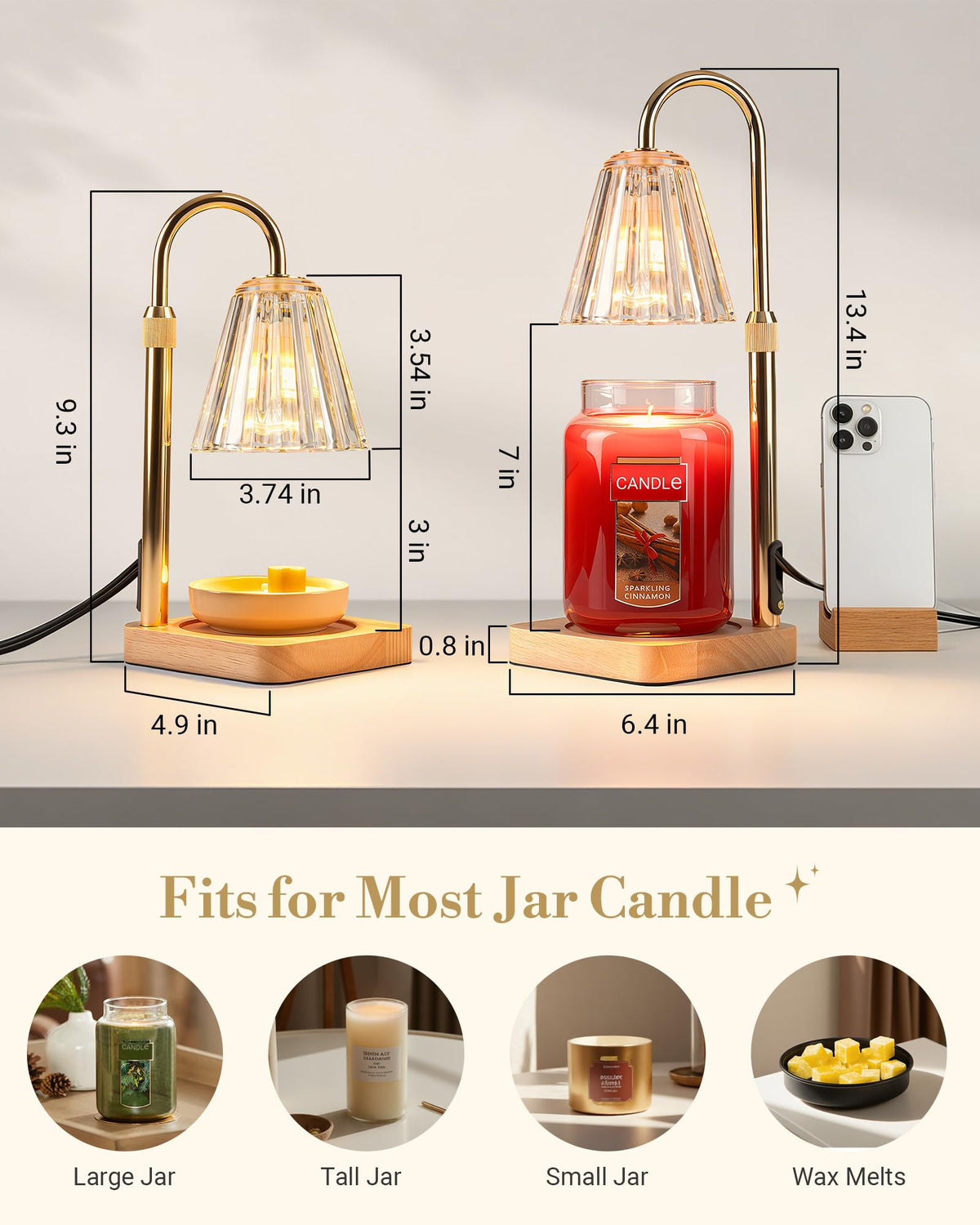 Marycele Candle Warmer Lamp with Timer & Dimmer - Mothers Day Gifts for Women Mom Her, Aesthetic Office Home Decor, Adjustable Height Wax Melter for Candle Jar & 3-Wick Candles (2 Bulbs Included)