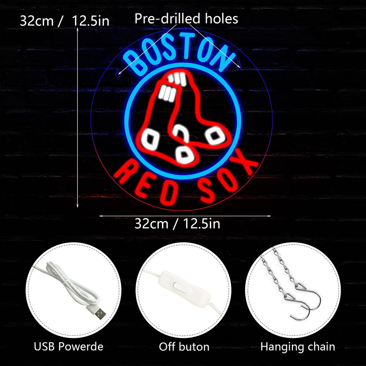 WonderfulLife Red Sox Neon Sign for Boston Baseball Team Logo,Led Neon Lights for Sports Man Cave Bar Office or Living Room Decor,Perfect Gifts for MLB Fans.