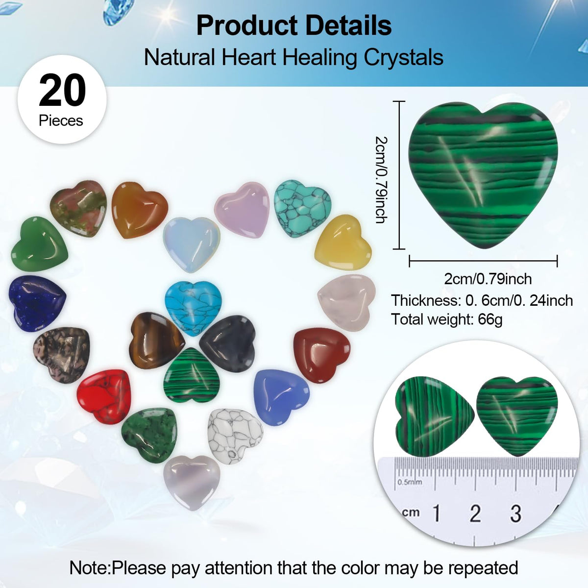 Rose Quartz Crystals,Virekm 20PCS Heart Healing Crystals Amethyst Heart Love Stones Set Palm Thumb Gemstones Chakra Reiki Balancing Gifts for Men Women (Colorful - 20 PCS)