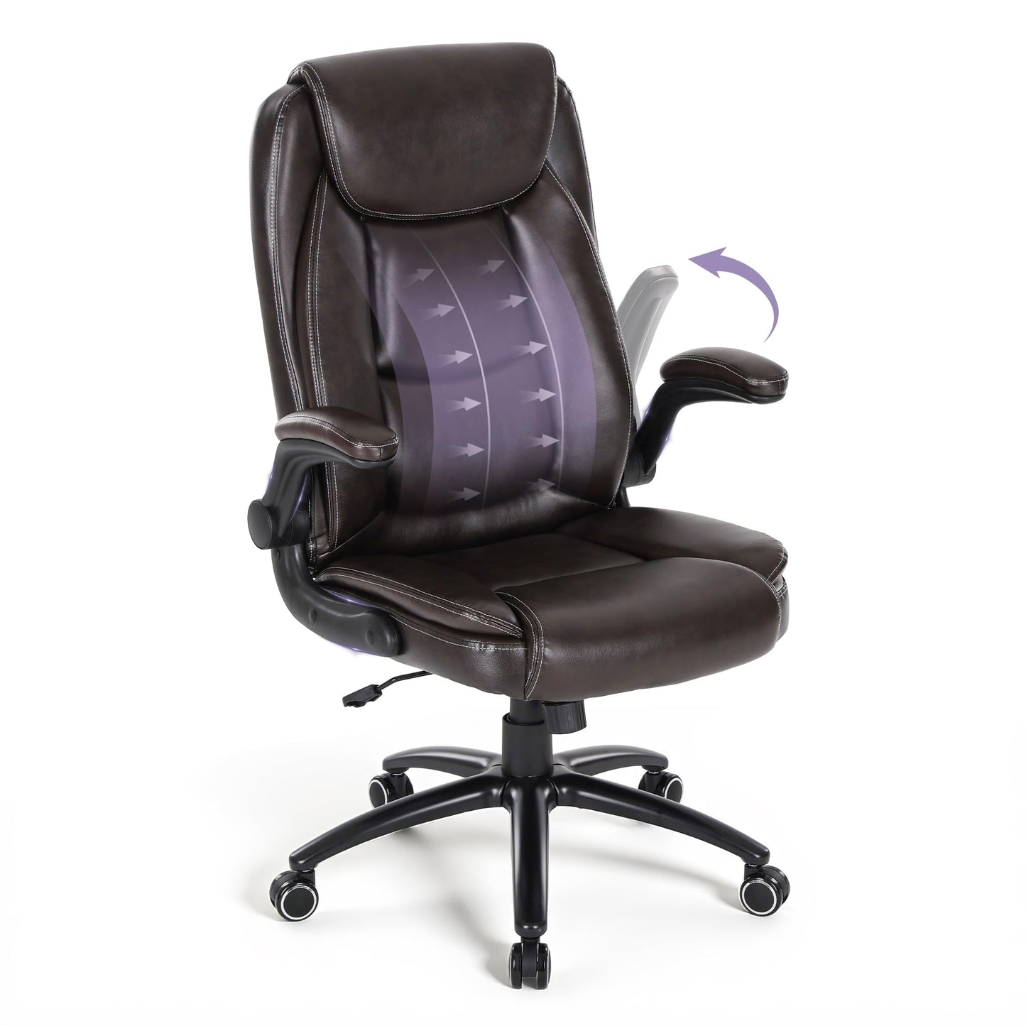 MALOL Ergonomic PU Leather Office Chair with Flip-Up Armrests & Reclining Backrest, 300lbs Thick Padded Seat Executive Desk Chair-Adjustable Height & Tilt Tension, Brown