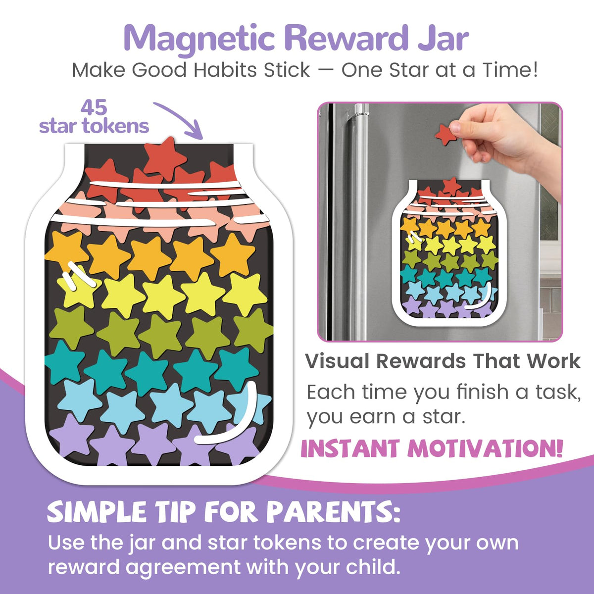 JJPRO Magnetic Reward Chart for Kids with Reward Jar- Behavior Reward Chart System, Toddlers Daily Routine,Visual Schedule Board,96 Reusable Stickers& 45 Star Tokens to Motivate Responsibility