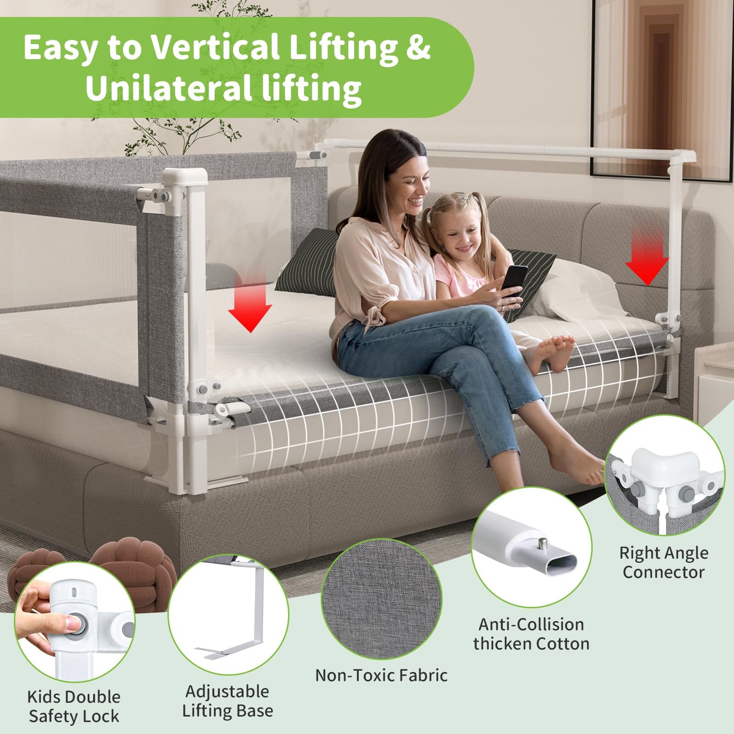 Novalithic 1-Piece Adjustable Height Baby Bed Rail, Kids Safety Guard Rails for Twin Full Queen King Size (1 Side:60")