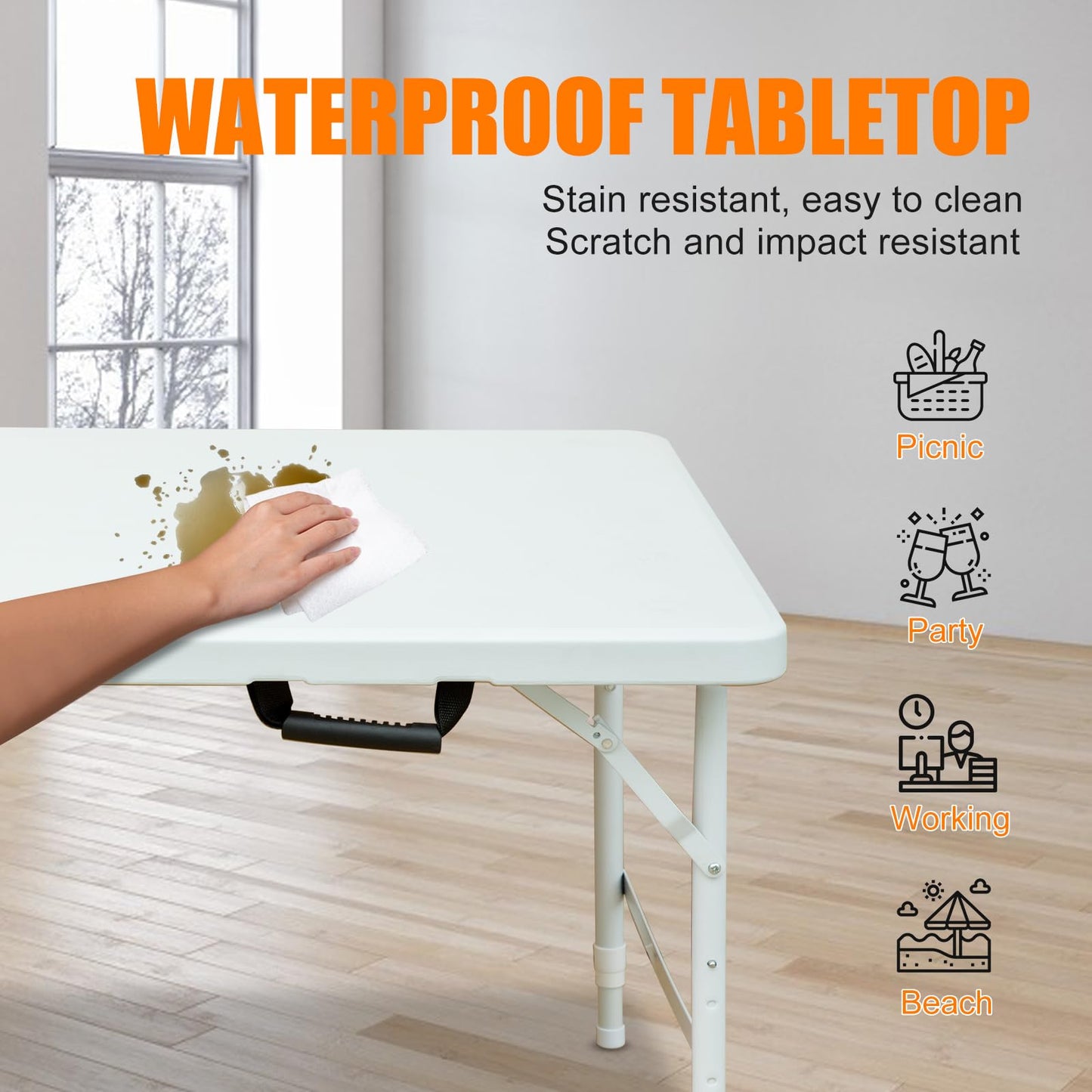 SculPong 4 FT Folding Table with Carry Handle, Portable Fold-in-Half Plastic Table, Rectangle Foldable Table for Indoor/Outdoor White