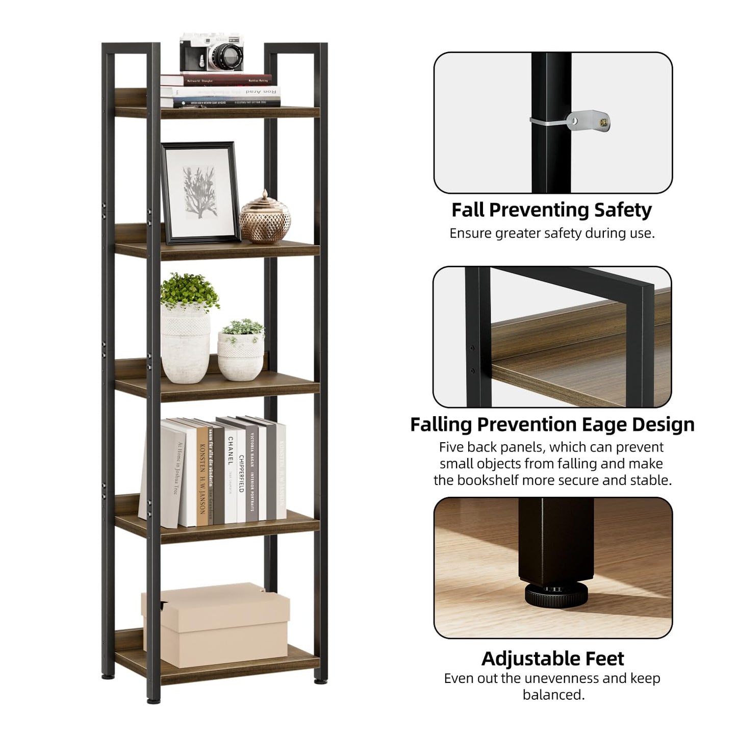 NUMENN Narrow Bookshelf, 5 Tier Bookshelves, Home Office Bookcase Shelf Storage Organizer, Free Standing Storage Shelving Unit for Bedroom, Living Room and Home Office, Dark Walnut