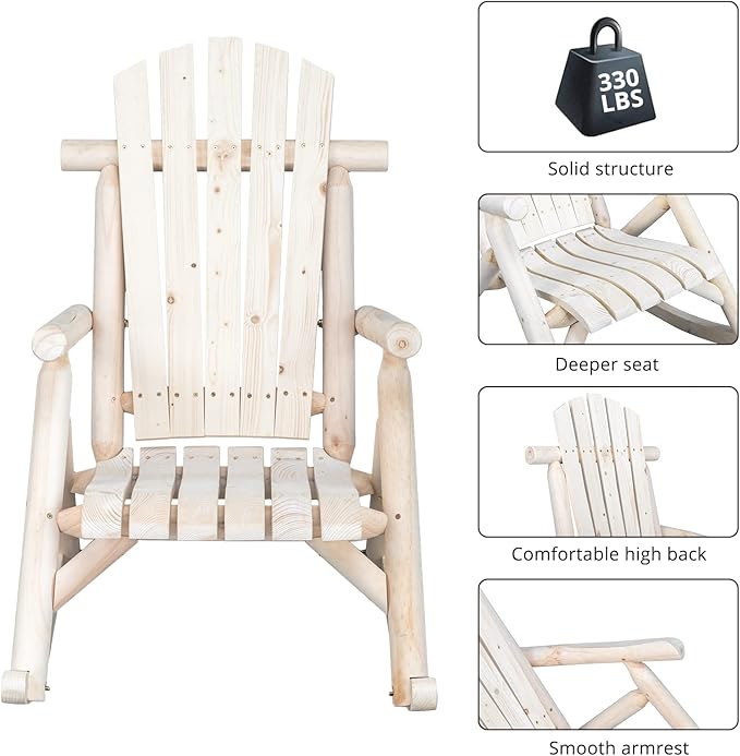 Outvita Wooden Rocking Chair, Fir Log Adirondack Rocker, Outdoor Wood Accent