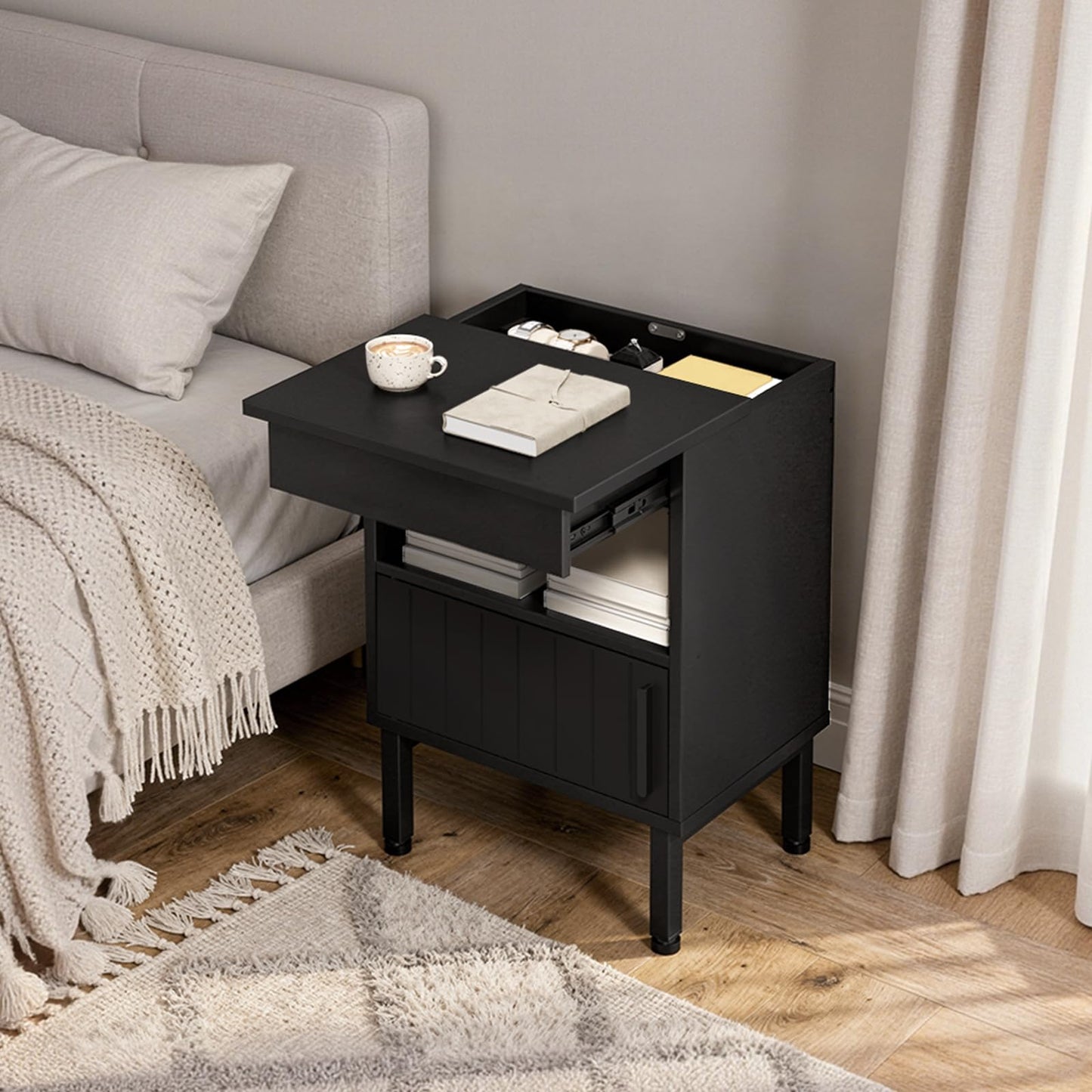 YATINEY Nightstand with Gun Drawer, Bedside Table with Hidden Compartment, End Table with Storage, Night Stand for Bedroom, Office, Black ET22BB