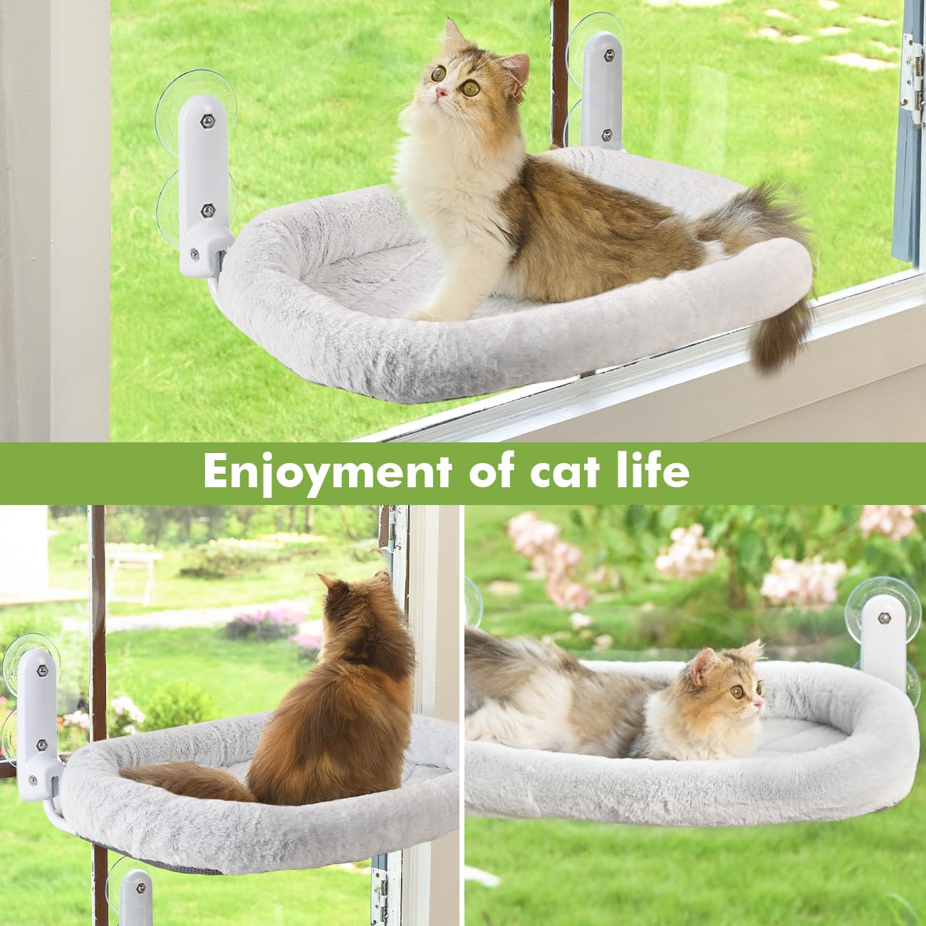 Zoratoo 2PC Cat Window Perch with Bolster Foldable Cat Hammock Cushion Bed for Window with Metal Frame, Large Suction Cups Cordless Window Resting Seat for Indoor Cats (Cushion Bed, 2PC)