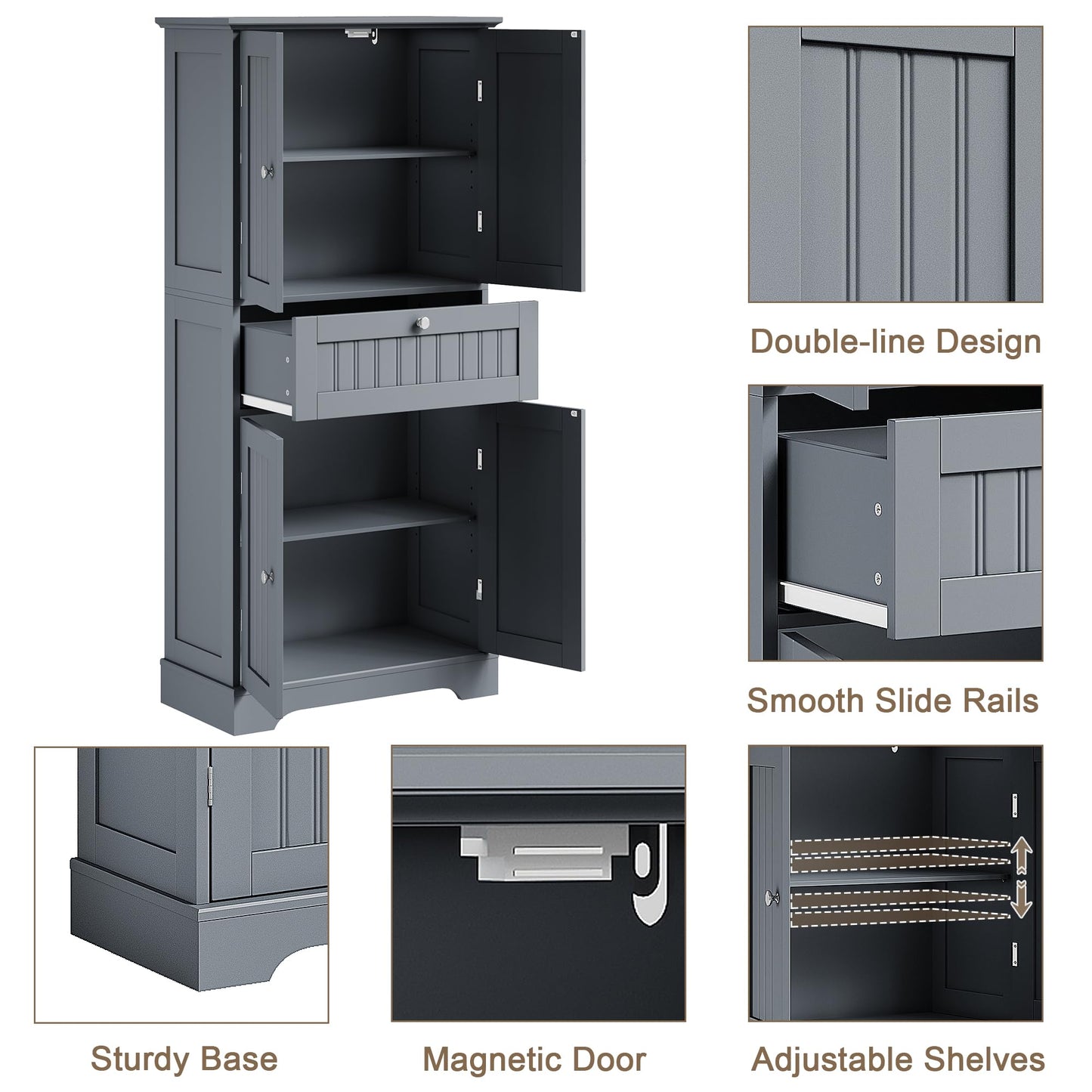ChooChoo 51" H Tall Bathroom Floor Cabinet, Modern Bathroom Storage Cabinet with Drawer and Adjustable Shelves, Freestanding Kitchen Pantry Cupboard with 4 Doors for Living Room, Grey