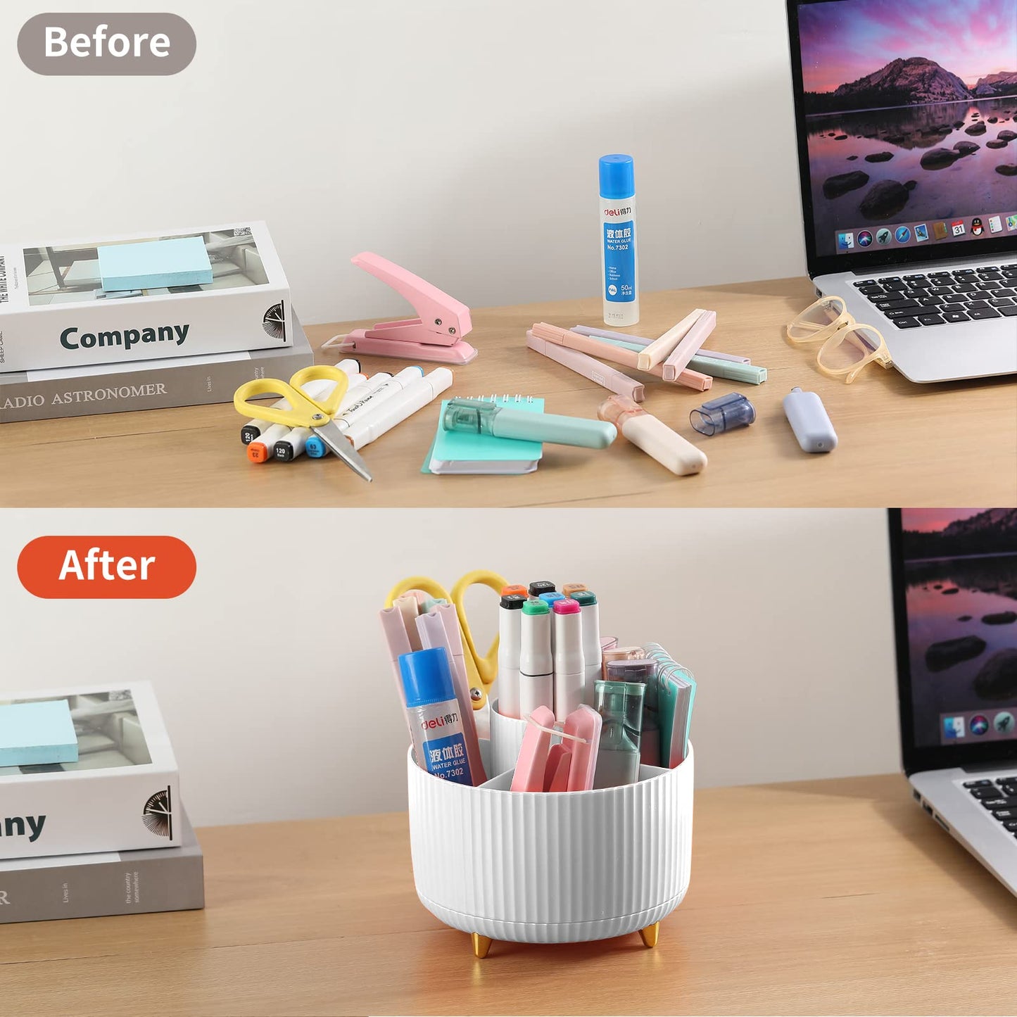 EDENMS Desk Pencil Pen Holder, 5 Slots 360°Degree Rotating Pen Organizers for Desk, Desktop Storage Stationery Supplies Organizer, Cute Pencil Cup Pot for Office, School, Home, Art Supply, White