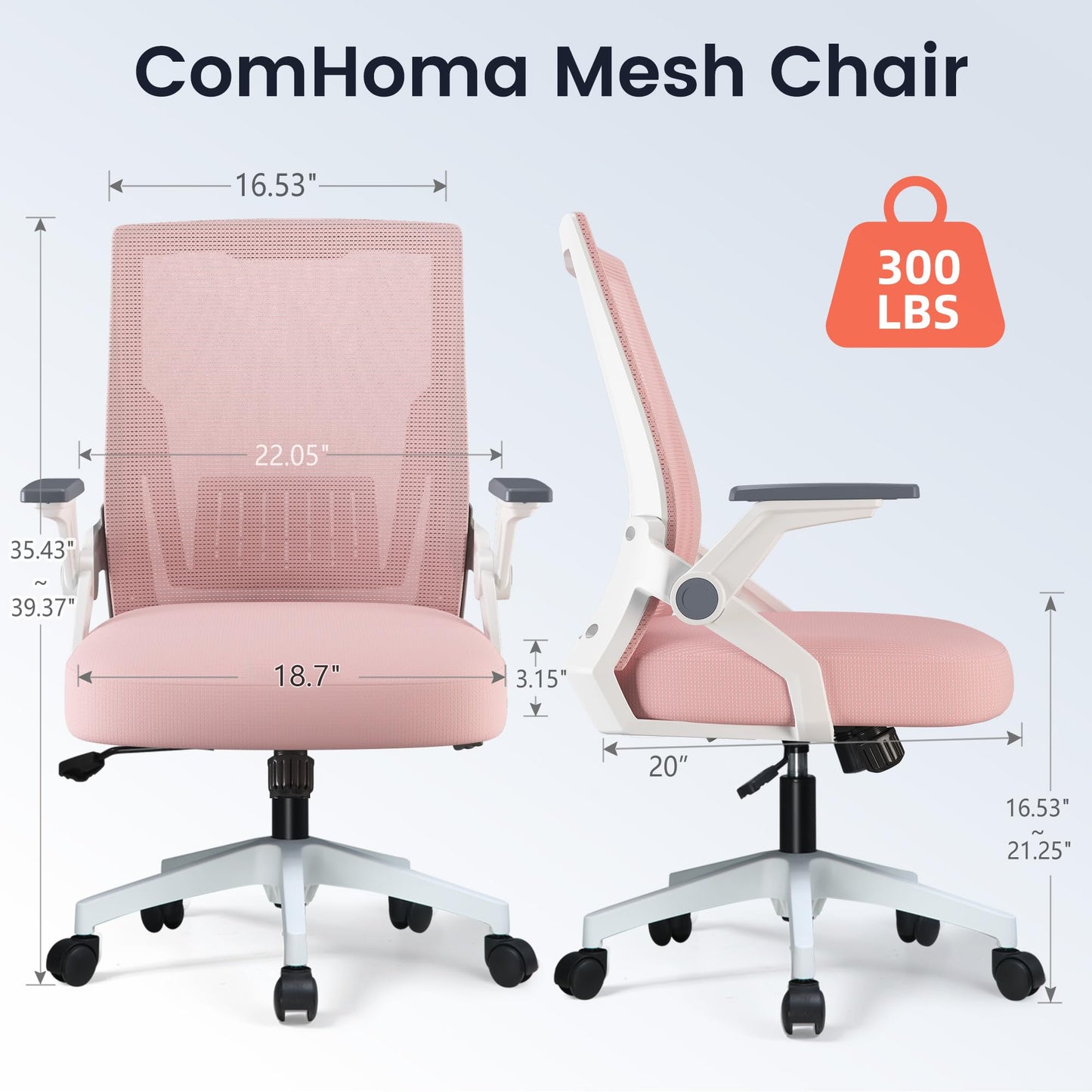 COMHOMA Office Chair with Flip-up Armrests Ergonomic Computer Desk Chair with Adaptive Lumbar Support & Breathable Mesh, Pink