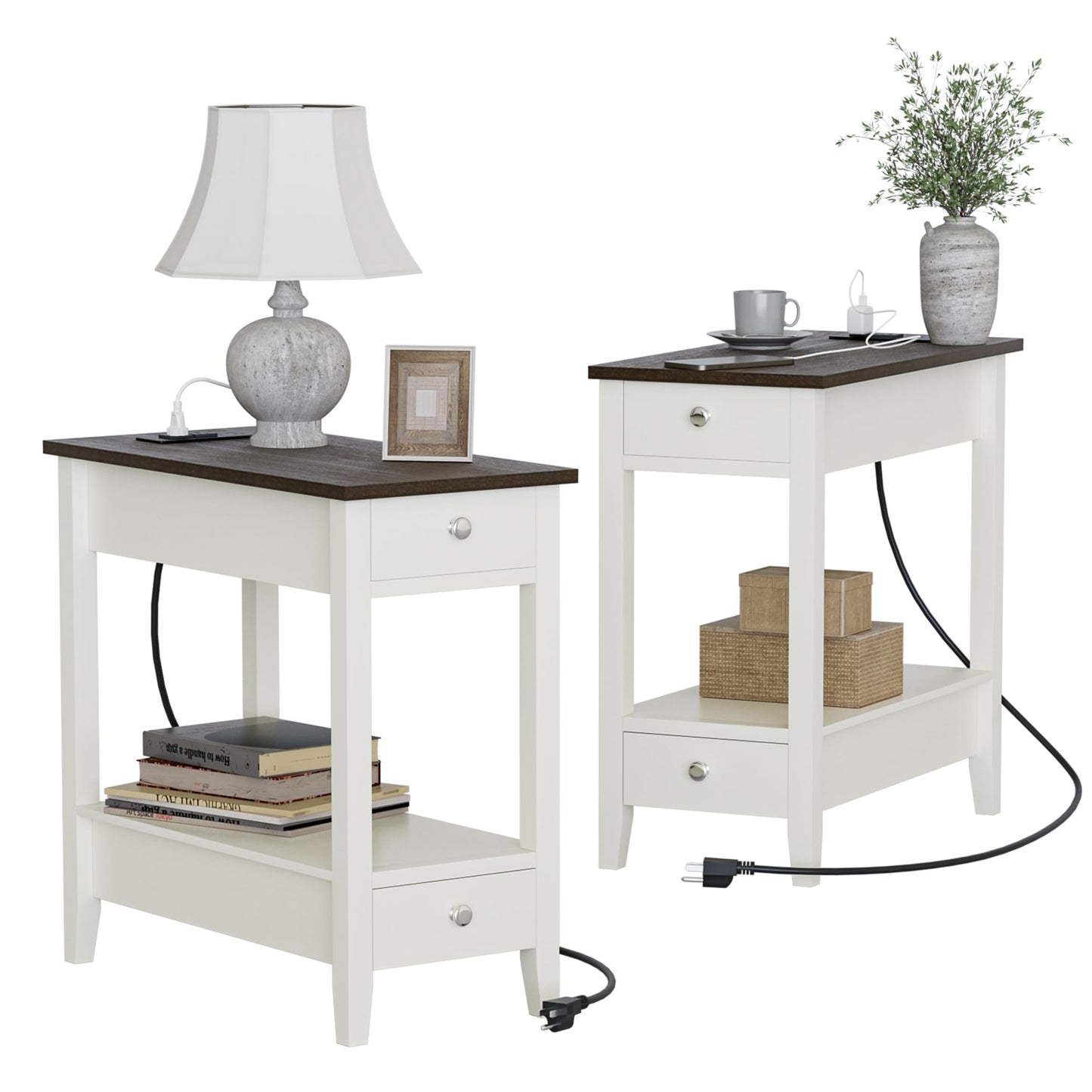 Treocho Farmhouse End Tables Living Room Set of 2, Narrow Side Table with Charging Station, Soft White Table Bedside Sofa for Small Spaces, Living Room, Bedroom