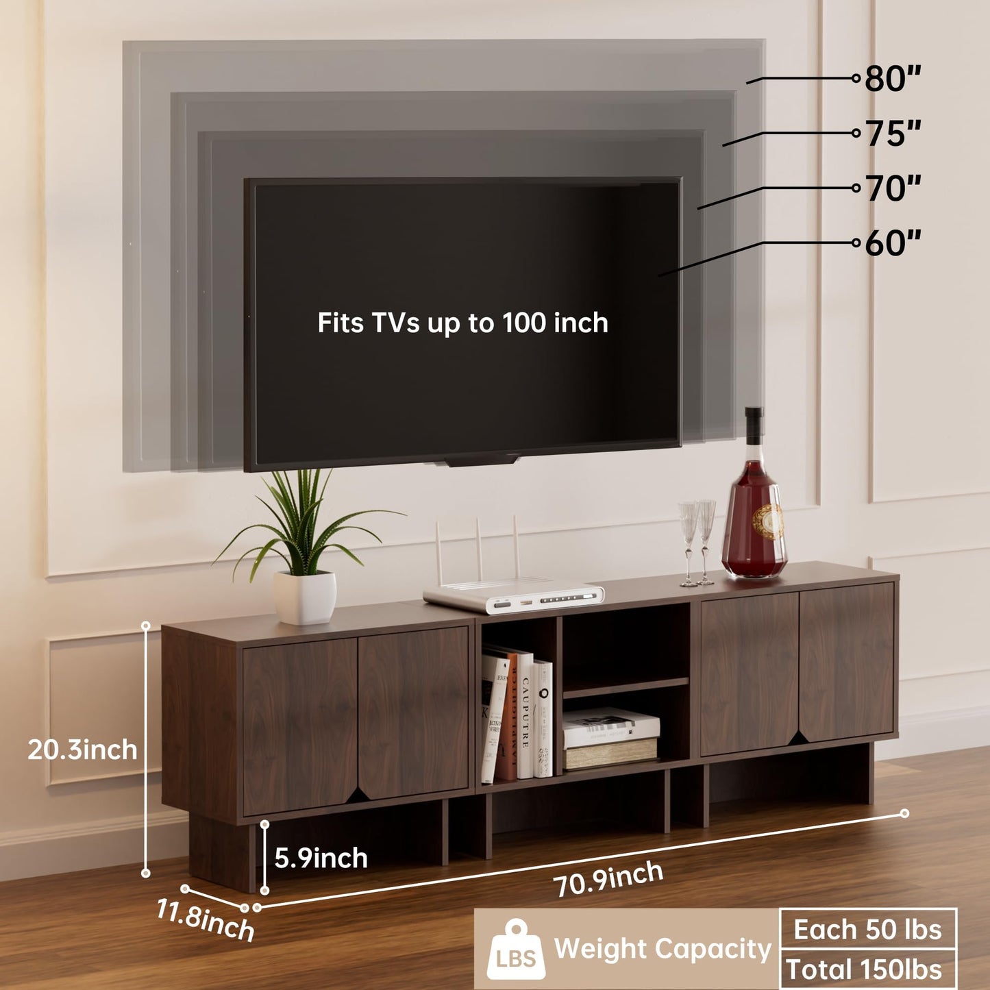 Lab Cosi 70 Inch TV Stand, Walnut TV Stand Entertainment Center with Storage, 3 Pieces Modular TV Hutch with Adjustable Shelf，Media Console for Bedroom,Living Room,Dining Room