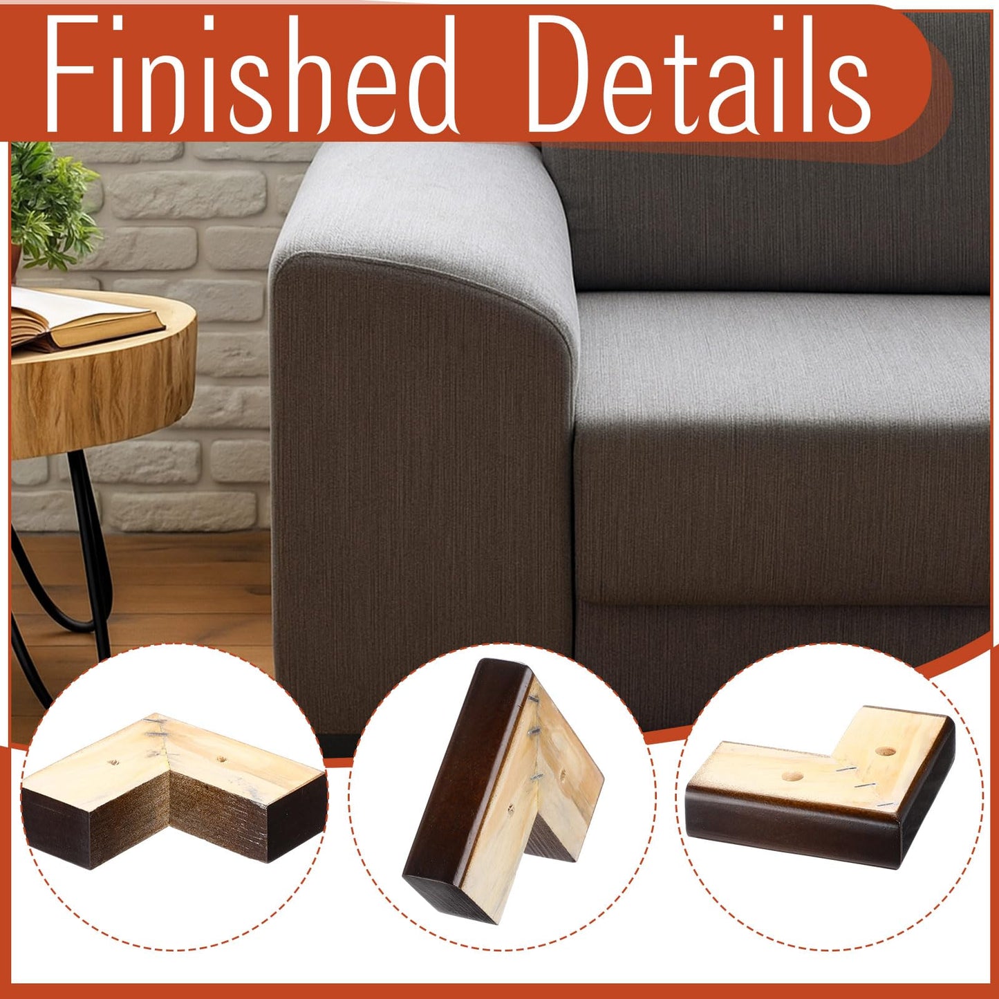 Geelin 4 Pack Wooden Furniture Risers 1 Inch High L‑Shaped Bed Risers with Metal Screws and Anti-Slip Pads Furniture Legs Couch Legs Replacement Sofa Feet for Coffee Table Bed Dresser(Walnut Color)