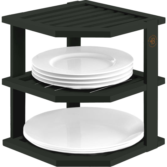 Black Plate Organizer for Cabinet - 3 Tier Bamboo Corner Cabinet Organizer Shelf for Plates Bowls Mugs Cups, Kitchen Cabinet Organizer, Cabinet Shelf Organizer, Countertop Rack, 10 x 10 x 9.5 Inch