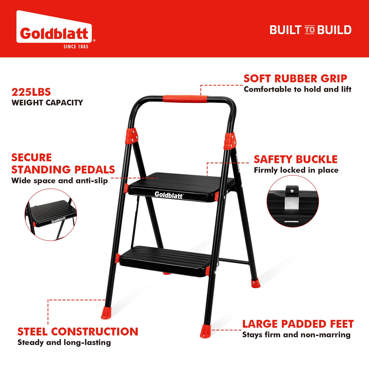 Goldblatt 2-Step Folding Step Stool Heavy Duty Steel Ladder, Auto-Lock Safety, Anti-Slip Wide Steps & Rubber Feet, Ergonomic Padded Handle, Portable for Home, Kitchen, Bedroom, Garage