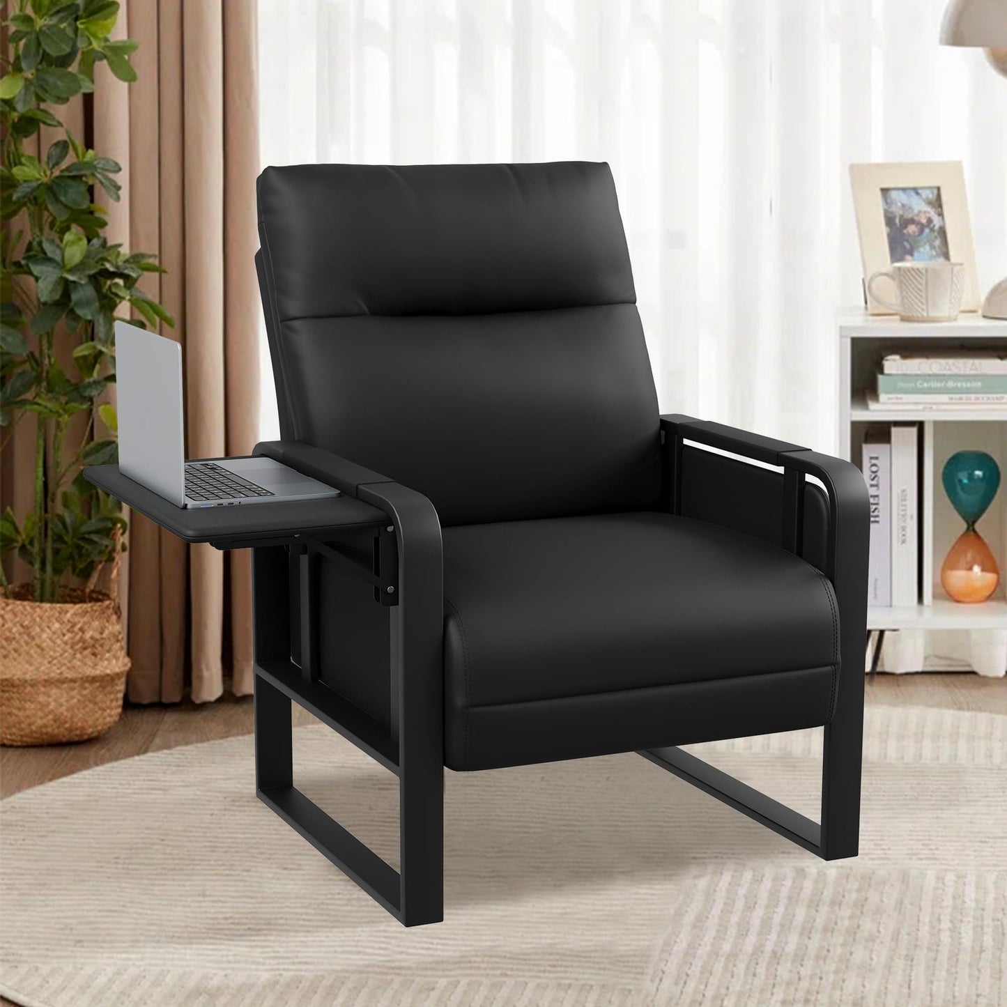 Apeaka Modern Black Accent Chair PU Leather Upholstered Armchair with Foldable Side Table for Bedroom Living Room Chairs Office Chair