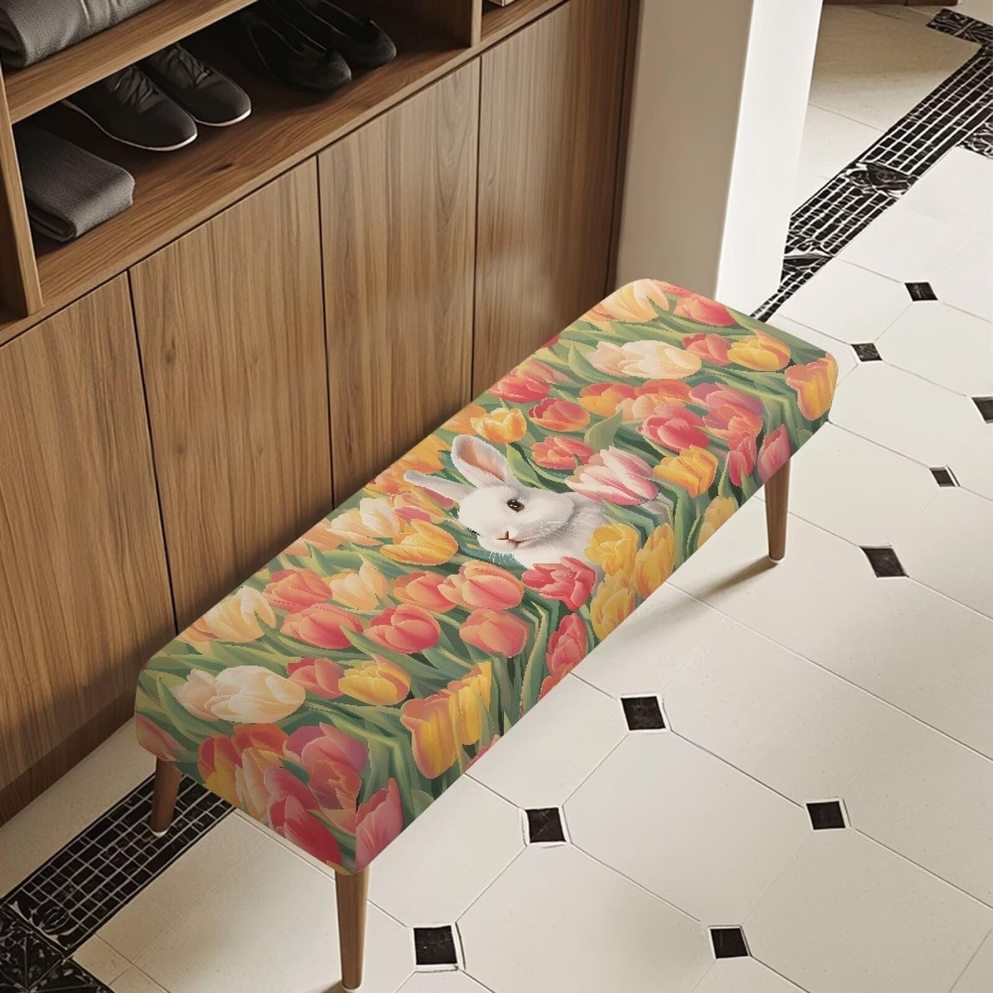 Cugasmaru Dining Bench Cushion Stretch Anti Slip Grip for Kitchen Counter Breakfast Nook Living Room Rabbit Tulip Waterproof