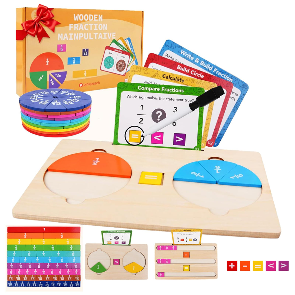 Fraction Manipulatives for Kids, Wooden Fraction Tiles, Fraction Circles & Fraction Bars, Montessori Math Manipulatives with 36 Activity Cards, Compare Fractions, Addition & Subtraction, Grade 1-4