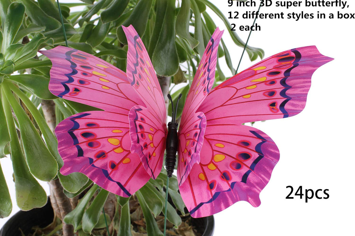 Giant Butterfly Garden Stakes Decorations Outdoor 3D Butterflies Lawn Decorative Yard Decor Patio Accessories Ornaments PVC Gardening Art Christmas Whimsical Gifts (Pack of 24)