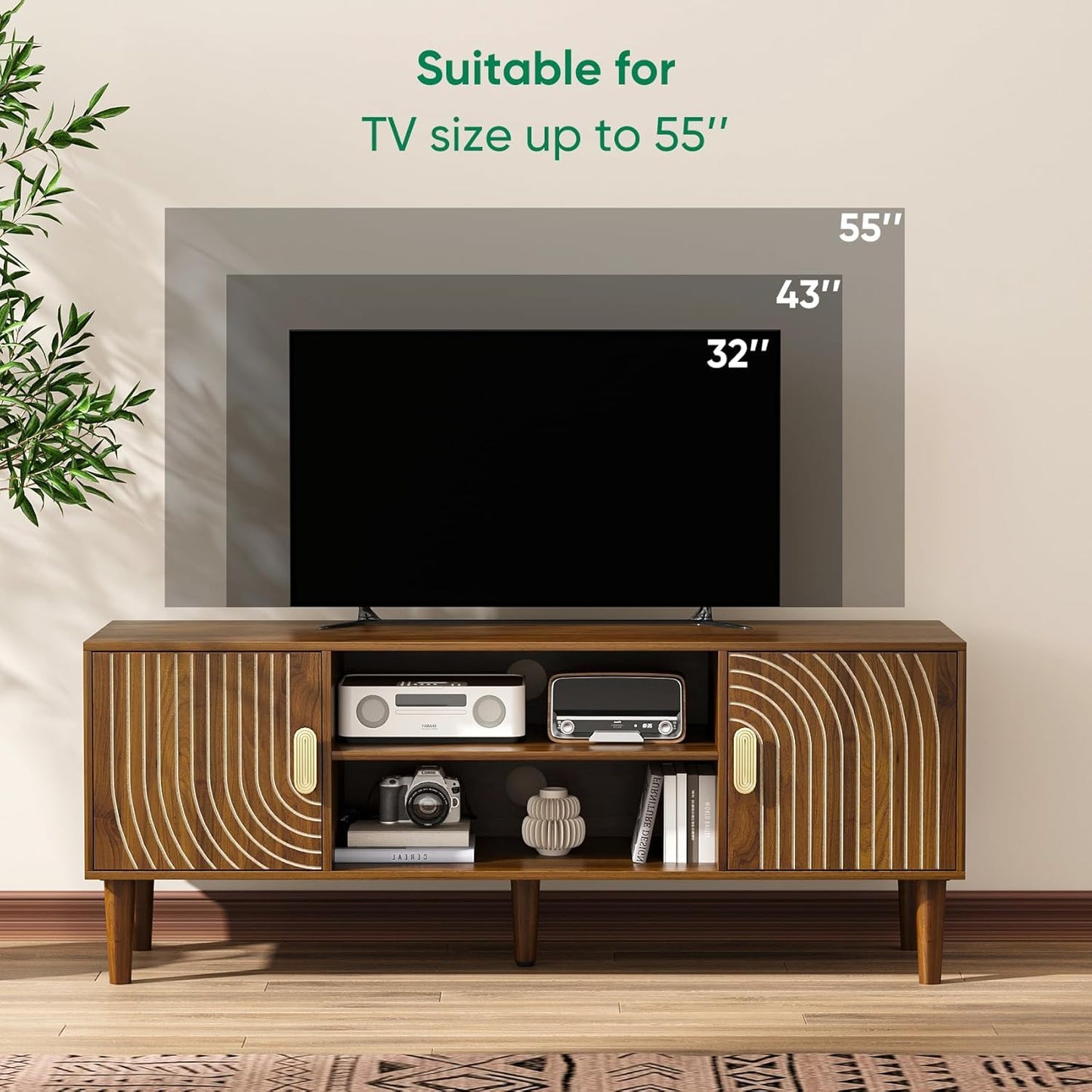 Algherohein 47" TV Stand for TVs up to 55 Inch, Entertainment Center with Storage and Adjustable Shelves, Modern Media Console for Living Room, Walnut