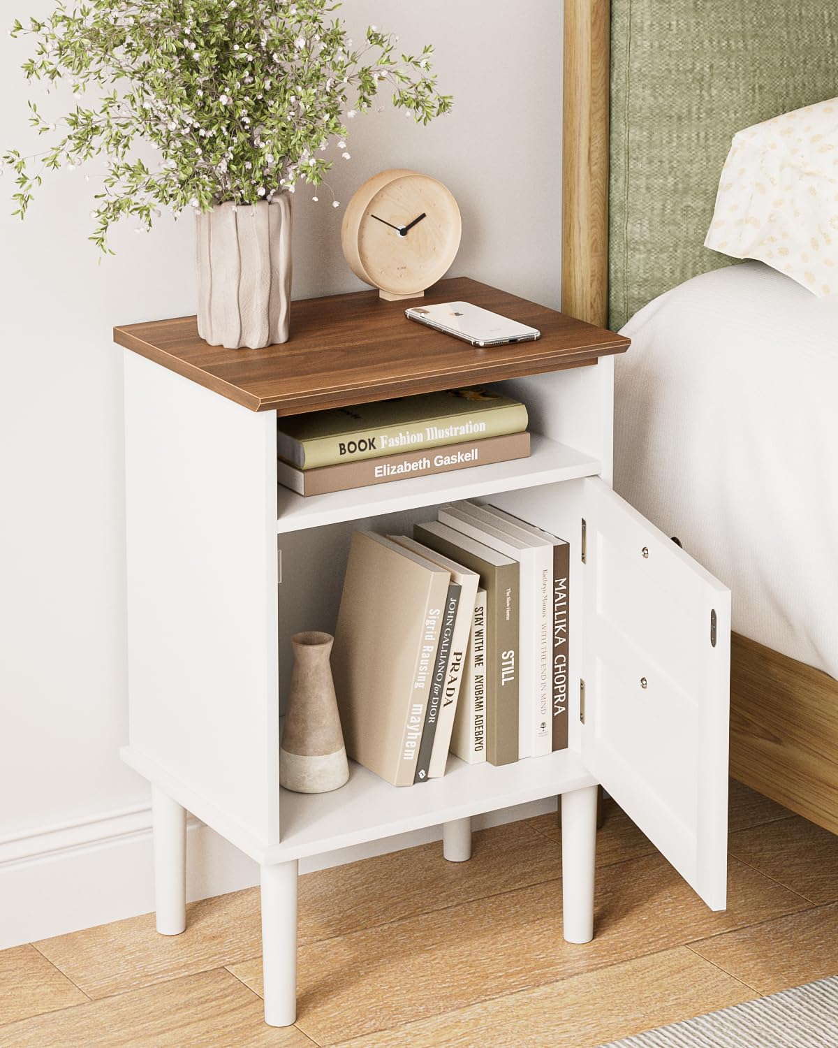 Apetaccat Nightstand, Boho Night Stand with 1 Drawer, Modern Side Accent Table with Open Shelf, Wooden Top Bedside End Table for Bedroom, Living Room, White