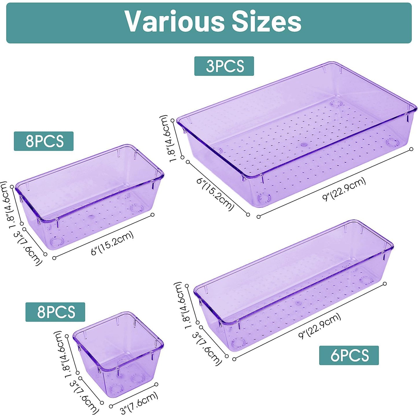 WOWBOX 25 PCS Plastic Drawer Organizer Set, Desk Drawer Divider Organizers and Storage Bins for Makeup, Jewelry, Gadgets for Kitchen, Bedroom, Bathroom, Office, Clear Purple