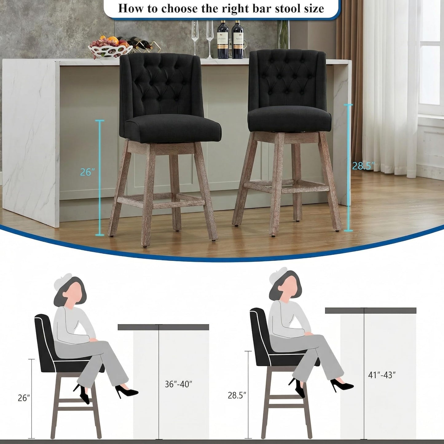 UDAX 26" Swivel Bar Stools Set of 4, Counter Height Barstools with Back, Linen Fabric Upholstered Bar Stools, Modern Barstools Wood Legs for Kitchen Island Dining Room Bar