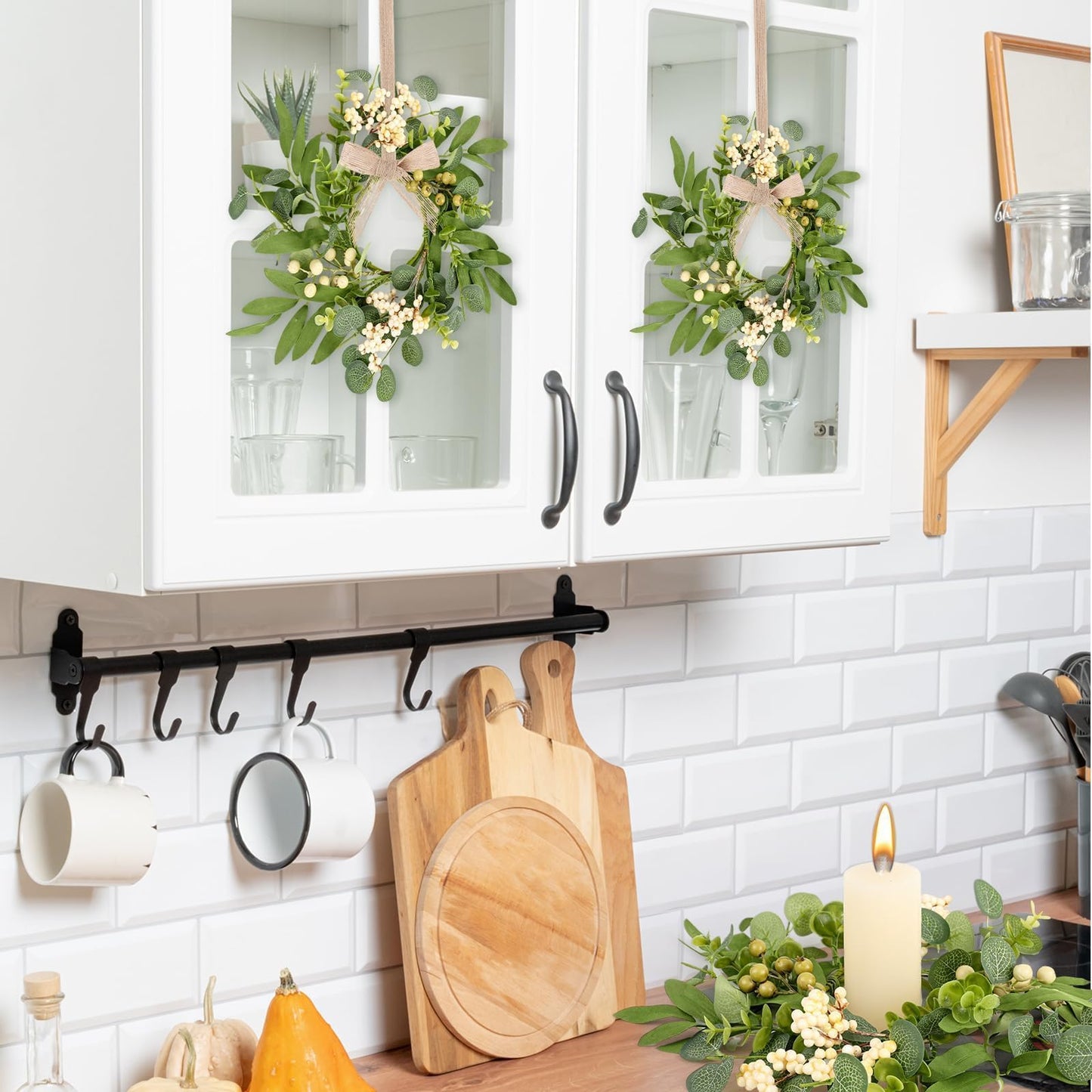 6 Pcs Green Eucalyptus Candle Rings Wreaths Spring Summer Kitchen Cabinet Wreaths Mini Green Berry Leaves Candle Wreath for Pillars Farmhouse Festival Wedding Celebrations Tabletop Decoration