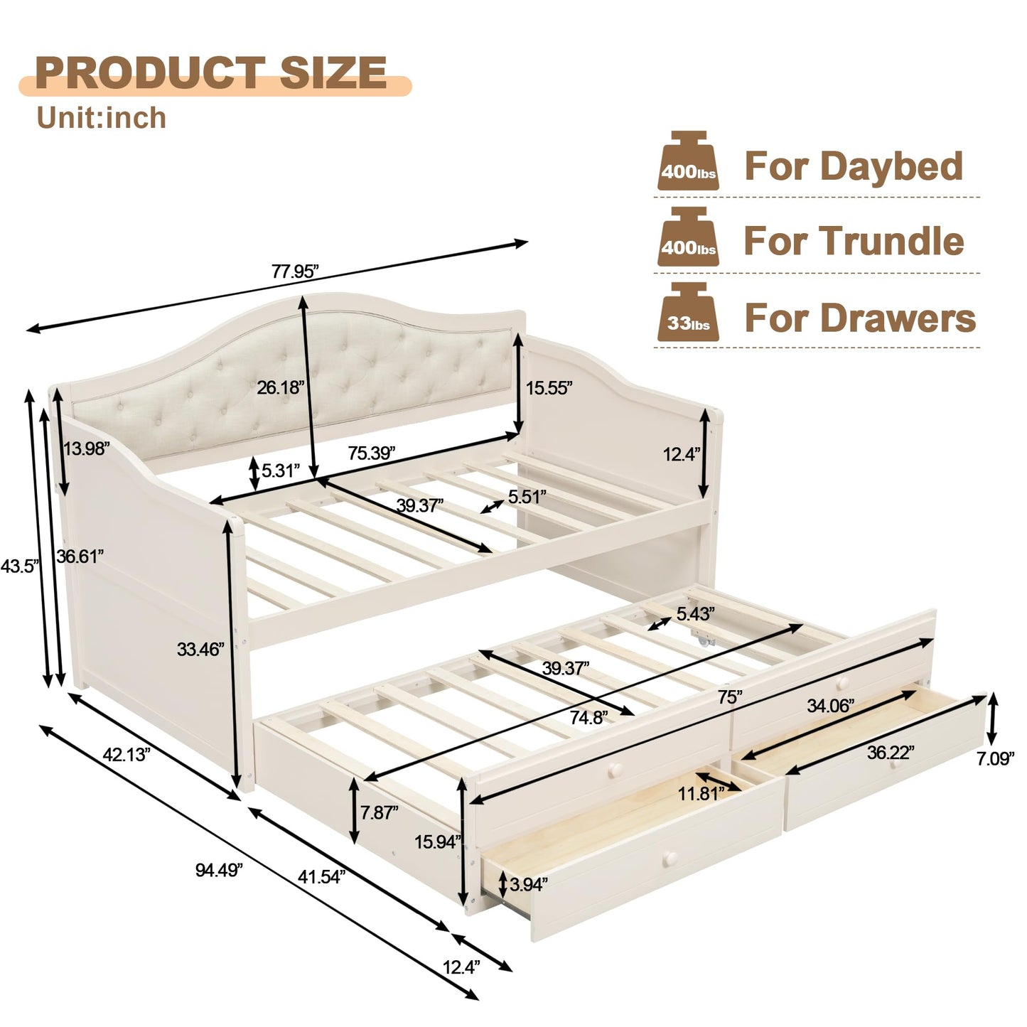 NCKMYB Multifunctional Twin Daybed with Trundle, Wood Sofa Bed with 2 Storage Drawers and Upholstered Back, Space Saving for Small Rooms, Guest Room, Dorm (Beig)