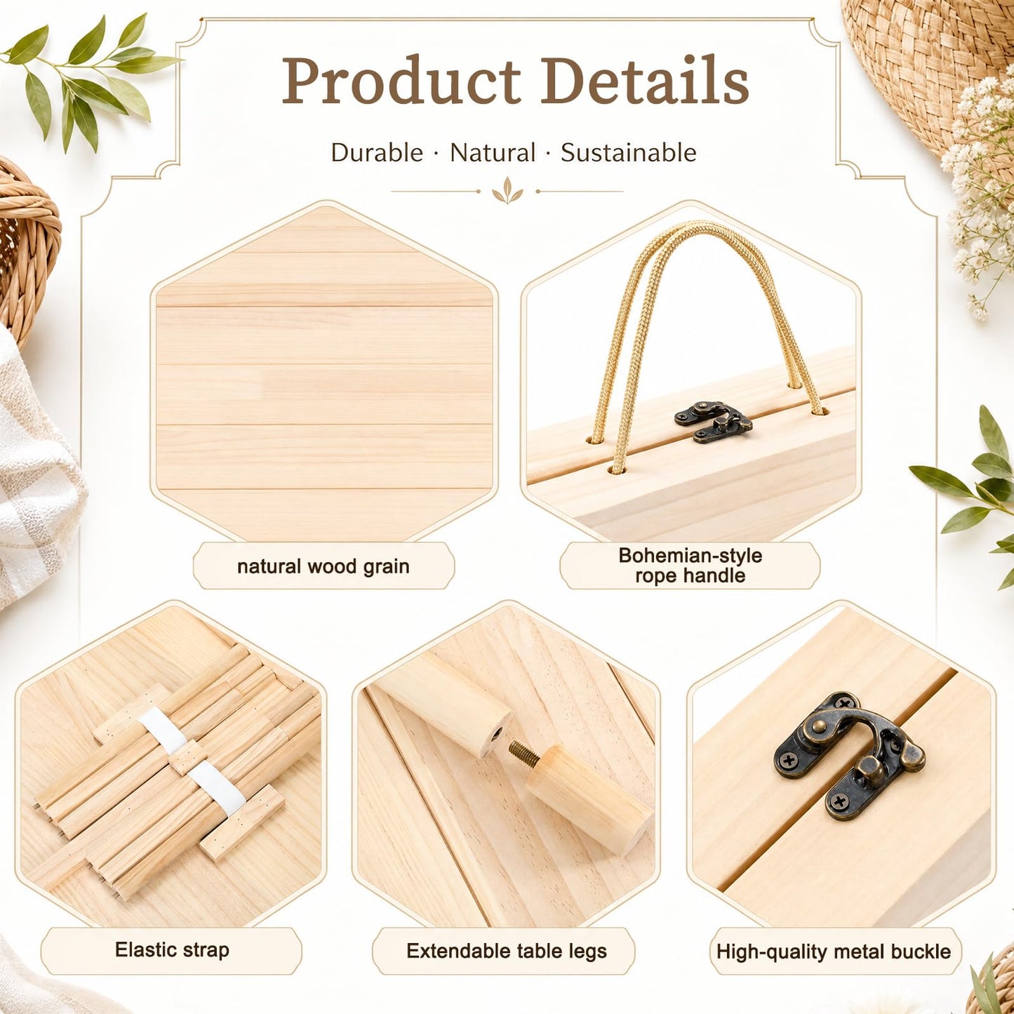 60" x 30" Inch Boho Folding Picnic Table with Picnic Blanket Set and Tables Runner Portable Large Wooden Table with Adjustable Heights for Photoshoot Camping Beach BBQ Wedding Party Size for 6 People