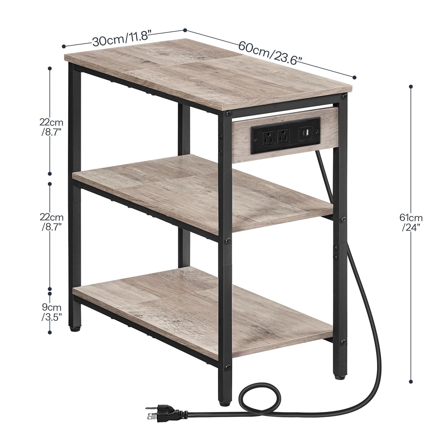 HOOBRO End Table with Charging Station, Side Table with 3 Tier Storage Shelf, Narrow Nightstand for Small Spaces, for Living Room, Bedroom, Easy Assembly, Greige and Black BG149UBZ01