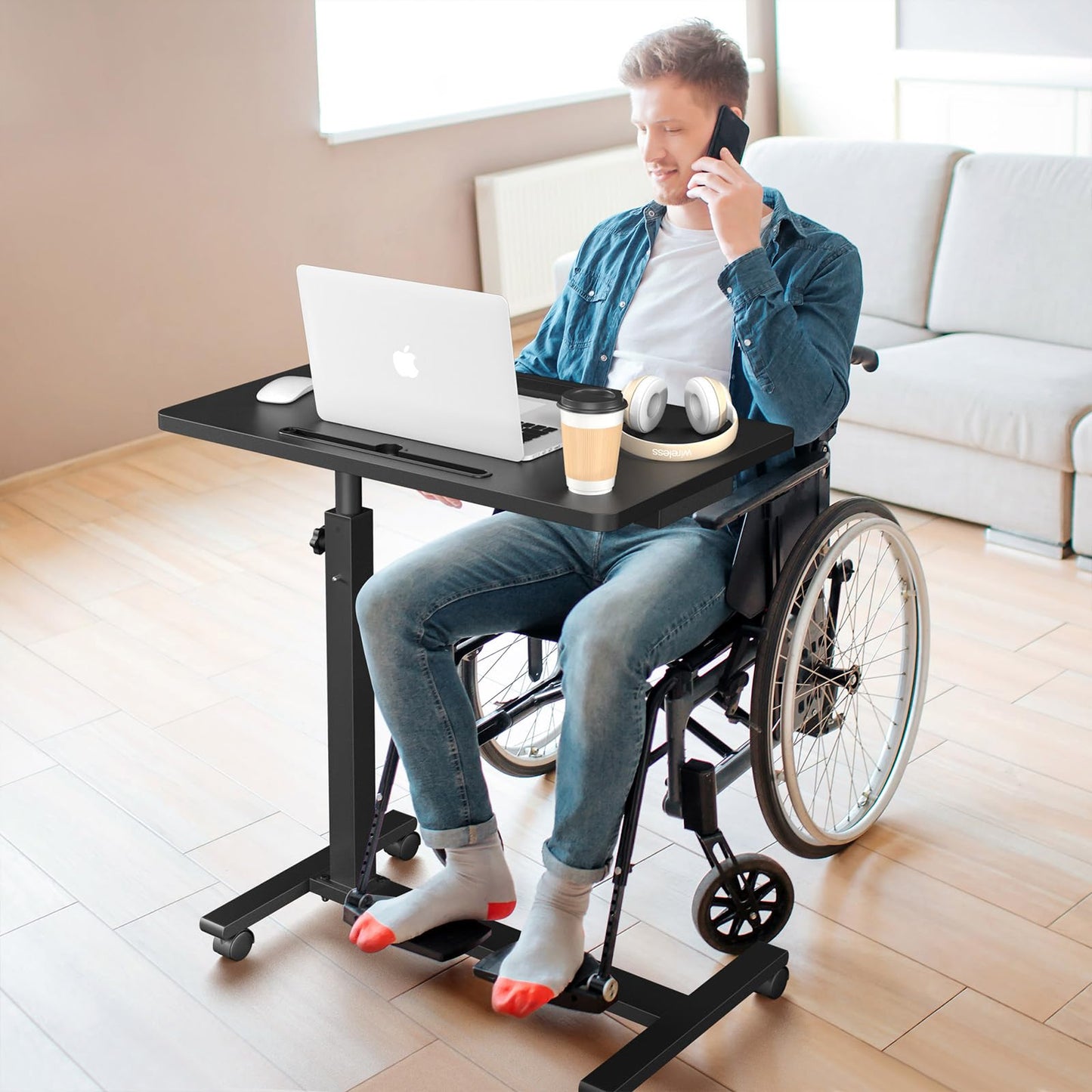 Eocnrhe Adjustable Overbed Bedside Table, Hospital Bed Table with Wheels, Portable Rolling Desk, Mobile Small Standing Desk, Rolling Laptop Stand, Computer Cart